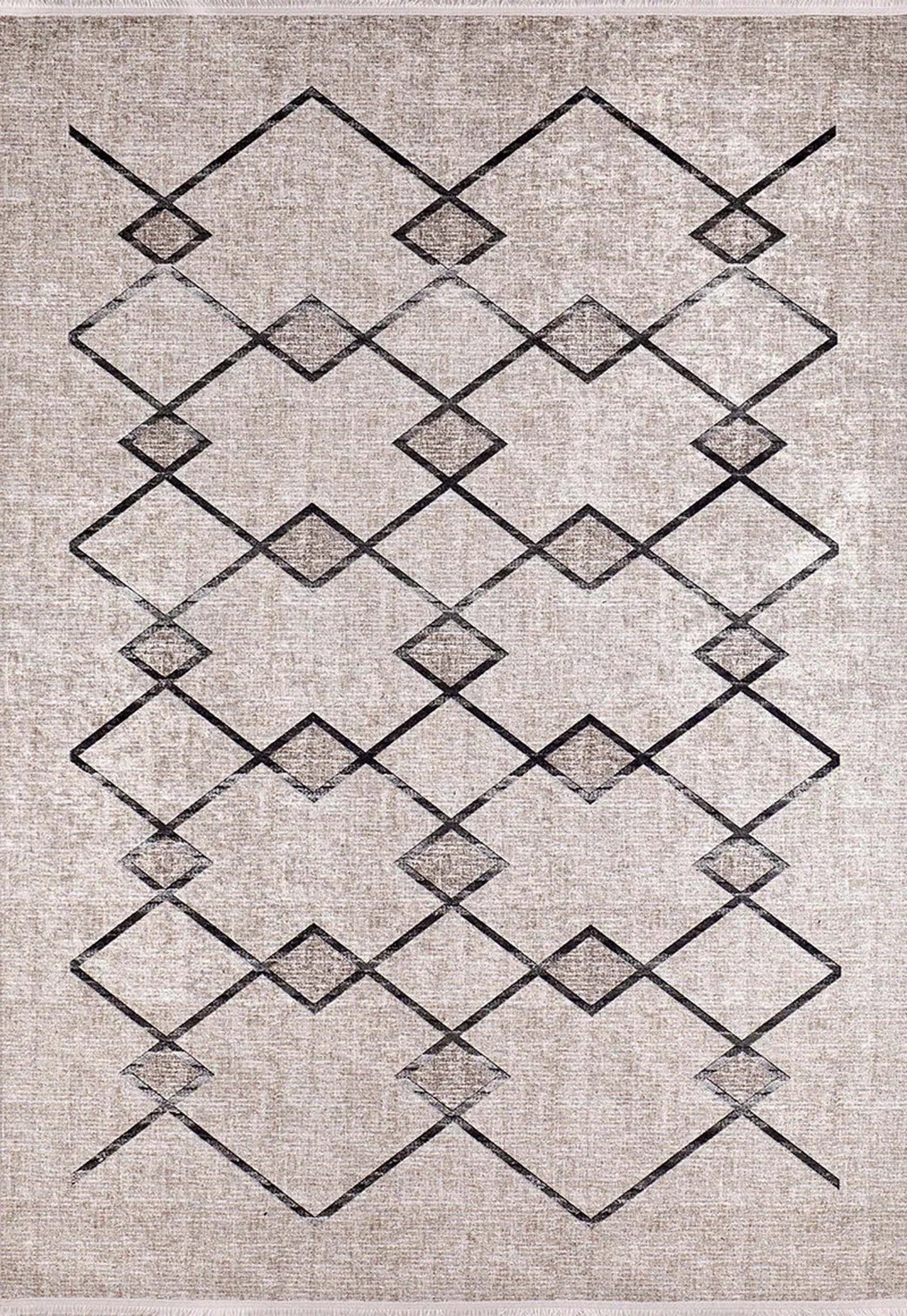 Bohem Bej Siyah Geometrik Desenli Halı-Pera Halı