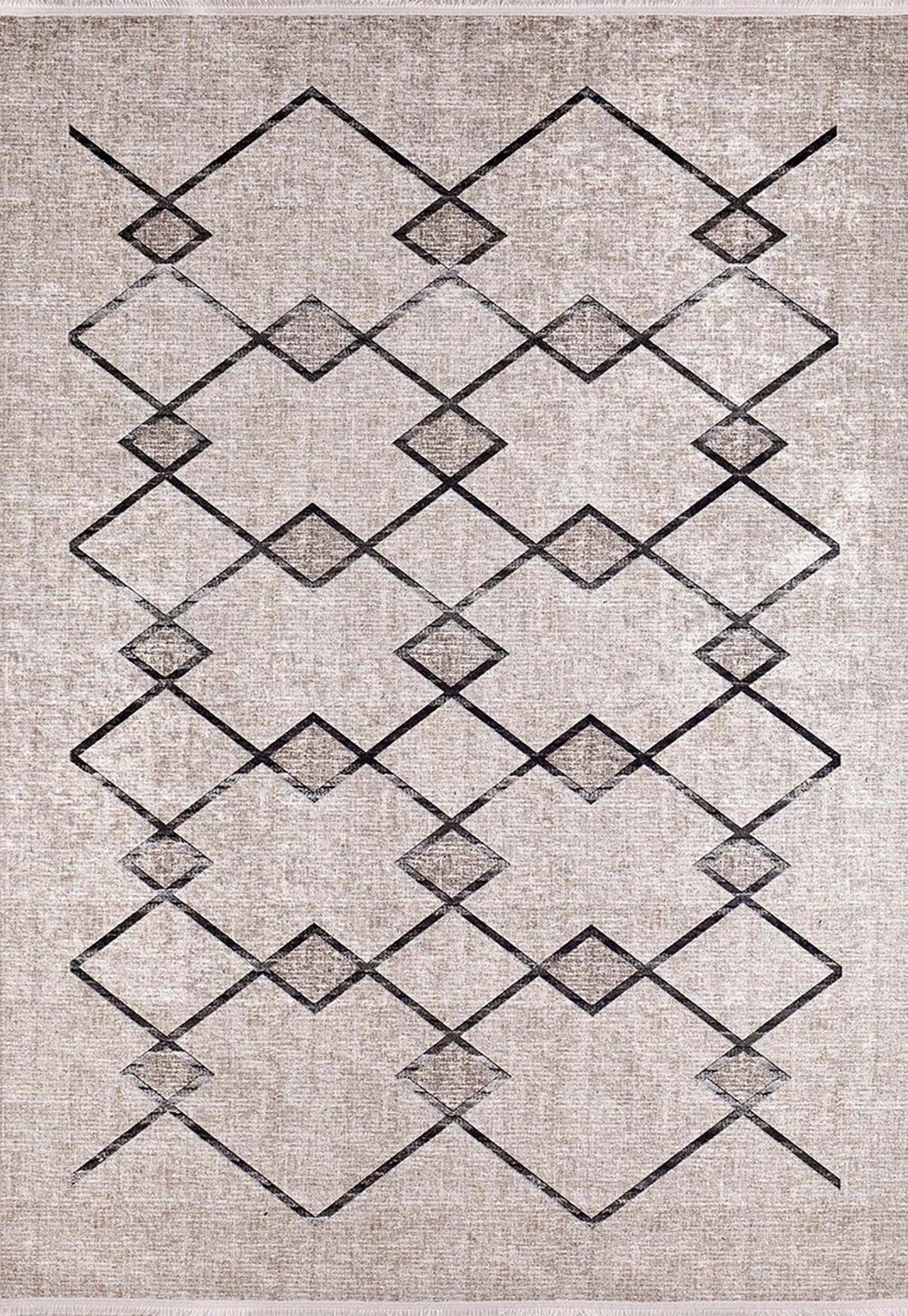 Bohem Bej Siyah Geometrik Desenli Halı-Pera Halı