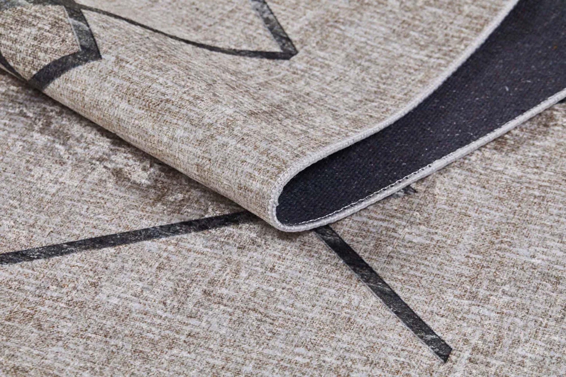 Bohem Bej Siyah Geometrik Desenli Halı-Pera Halı