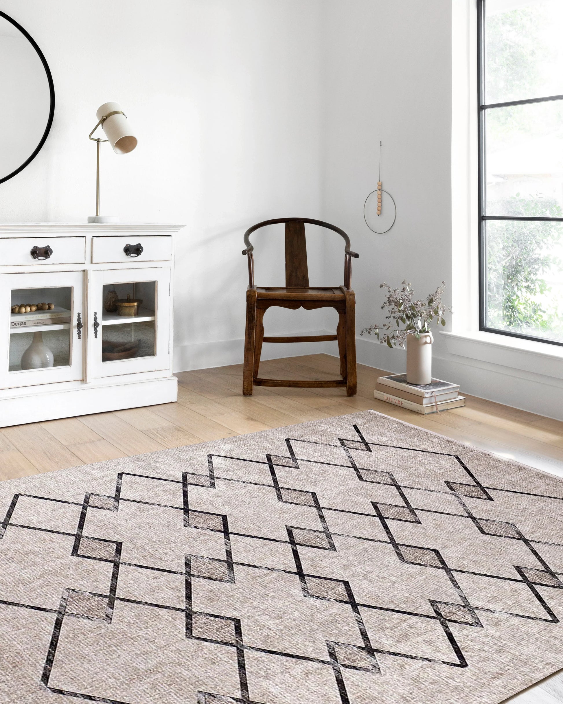 Bohem Bej Siyah Geometrik Desenli Halı-Pera Halı