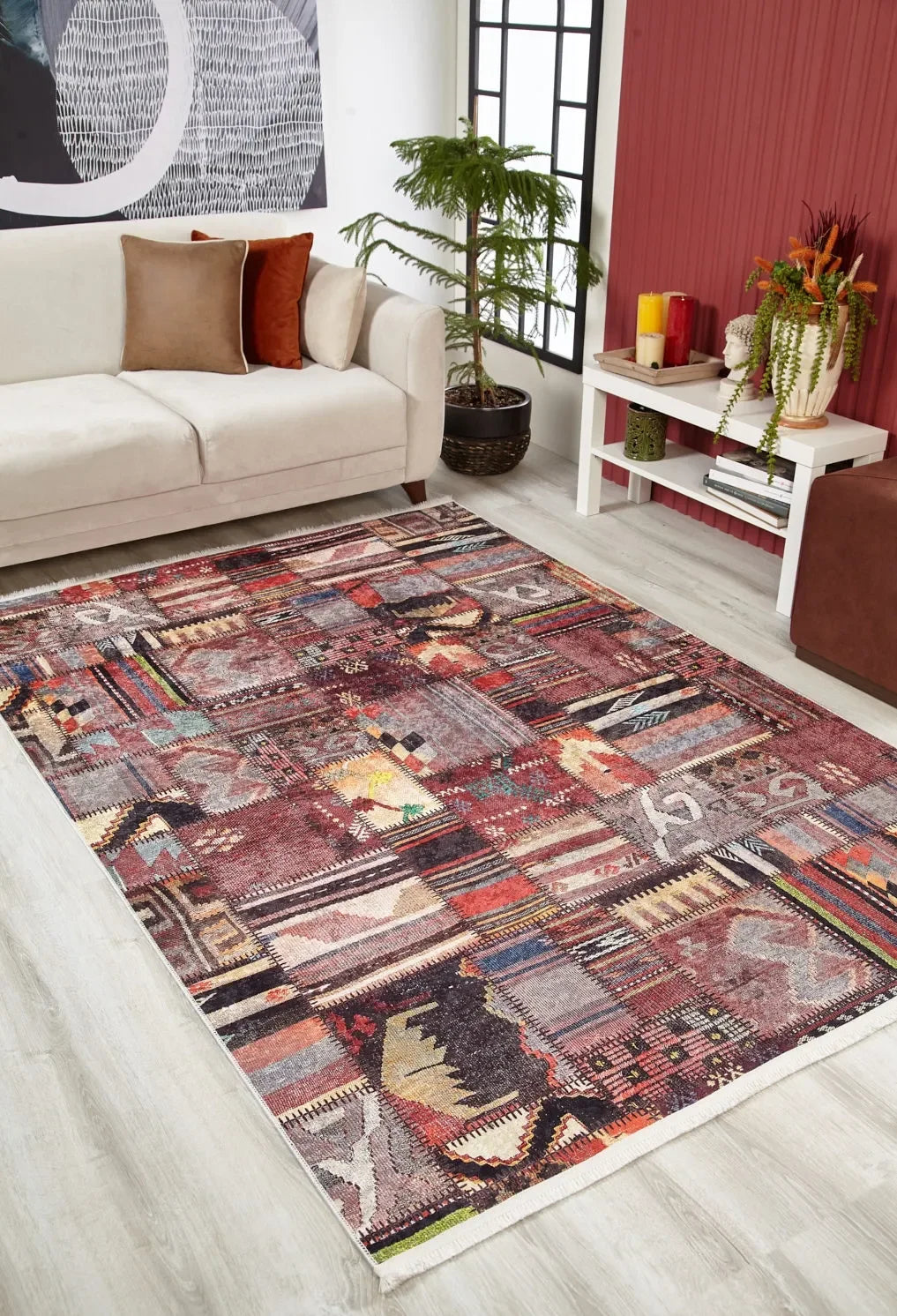 Bordo Gri Kahve Etnik Kilim Patchwork Halı-Pera Halı