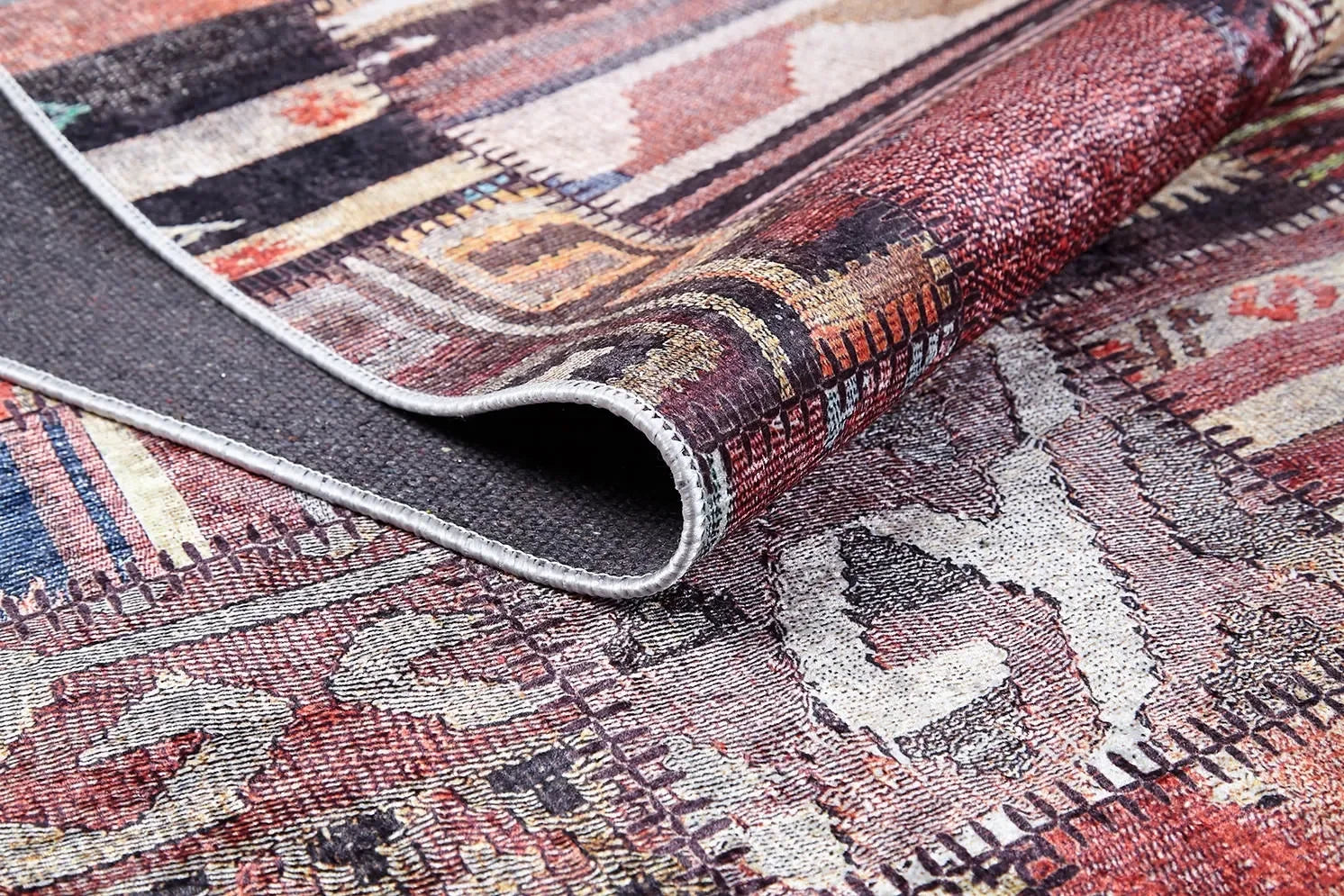 Bordo Gri Kahve Etnik Kilim Patchwork Halı-Pera Halı