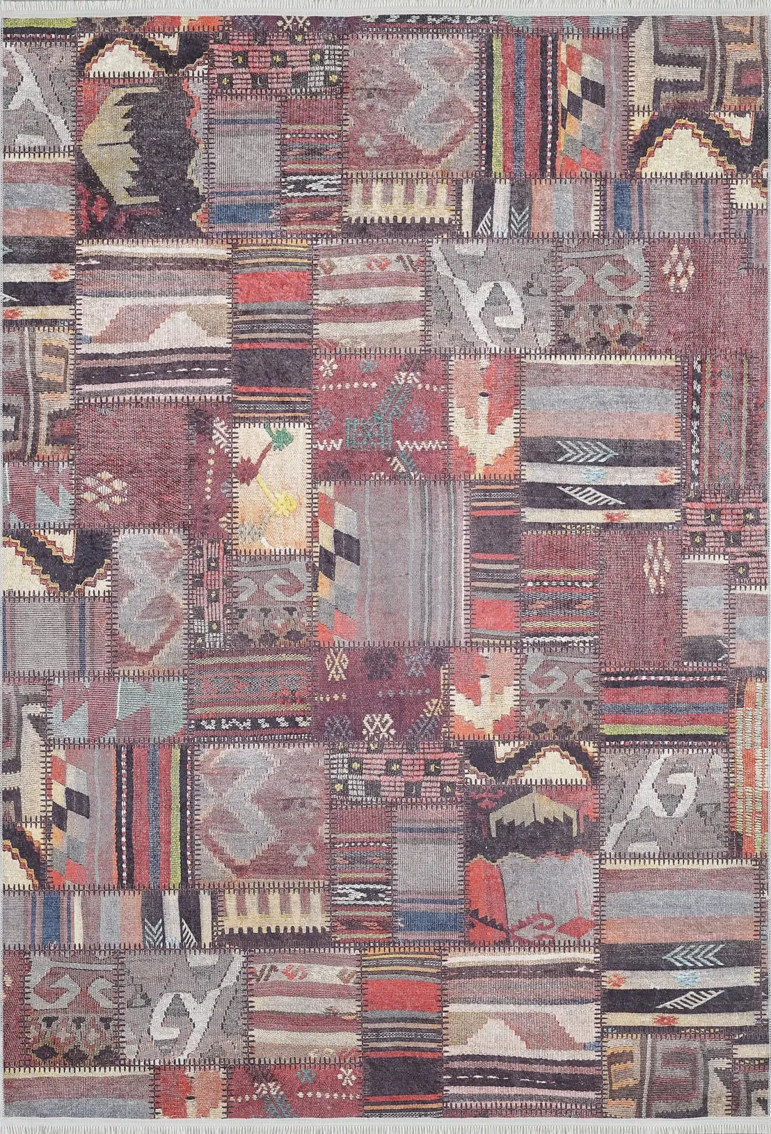 Bordo Gri Kahve Etnik Kilim Patchwork Halı-Pera Halı
