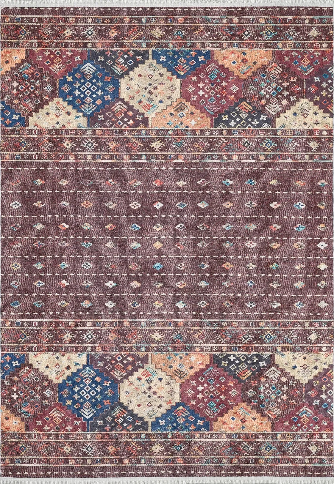 Bordo Kahve Etnik Şerit Desenli Modern Halı-Pera Halı