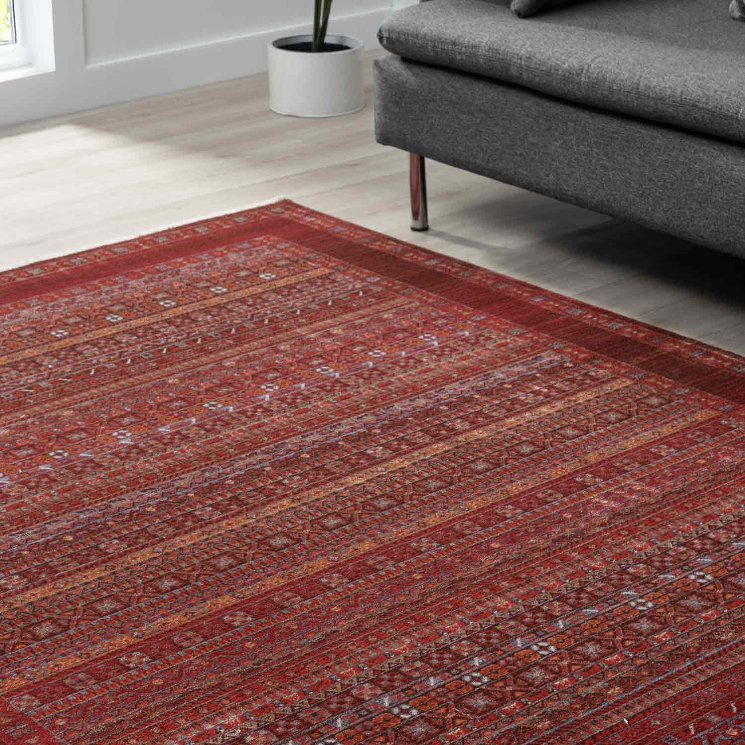 Bordo Kırmızı Etnik Şerit Desenli Modern Halı-Pera Halı