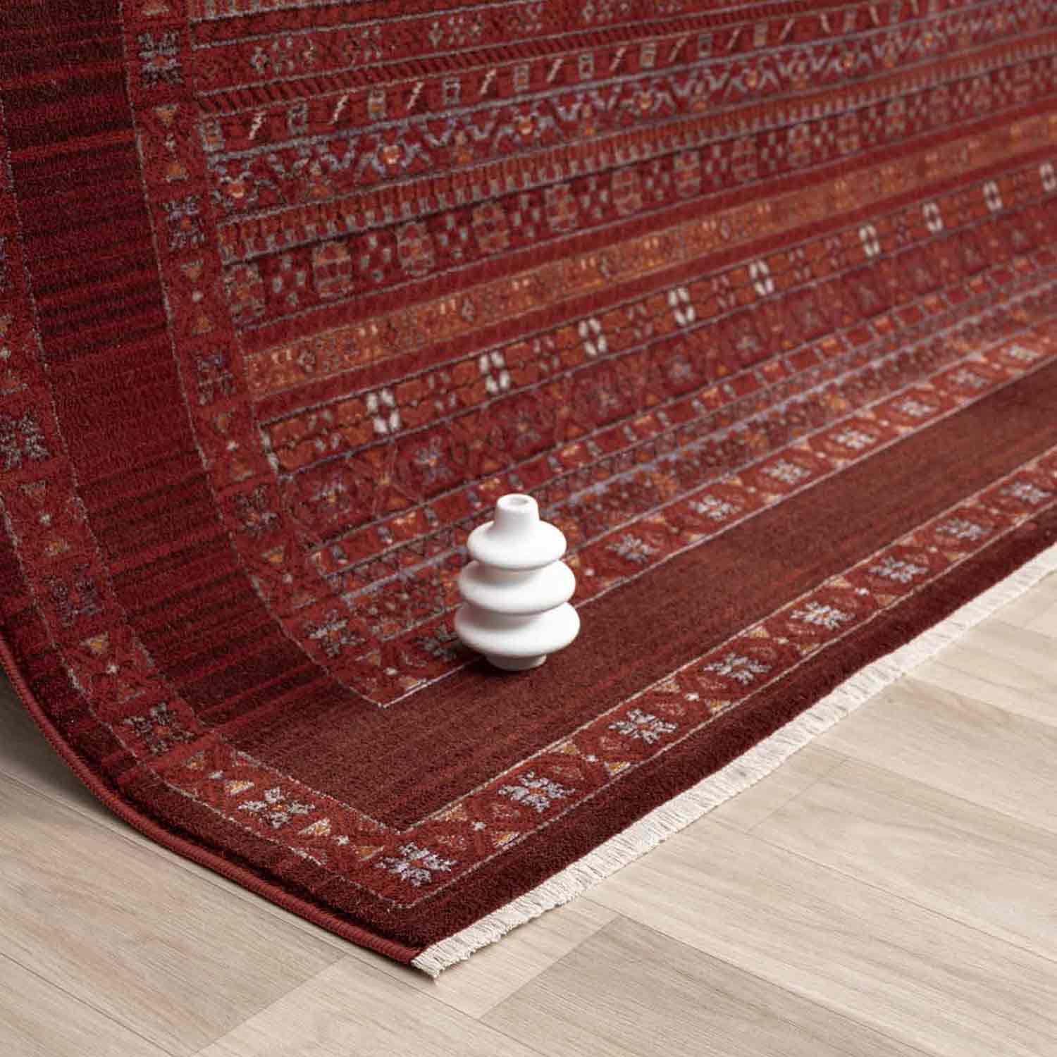 Bordo Kırmızı Etnik Şerit Desenli Modern Halı-Pera Halı