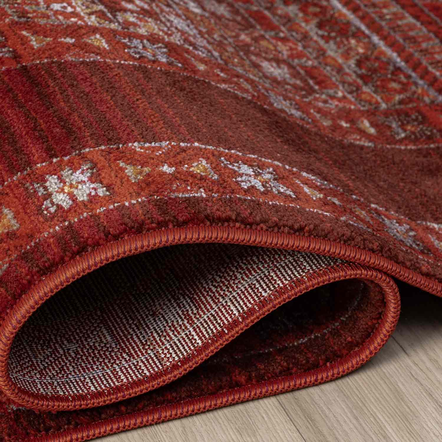 Bordo Kırmızı Etnik Şerit Desenli Modern Halı-Pera Halı