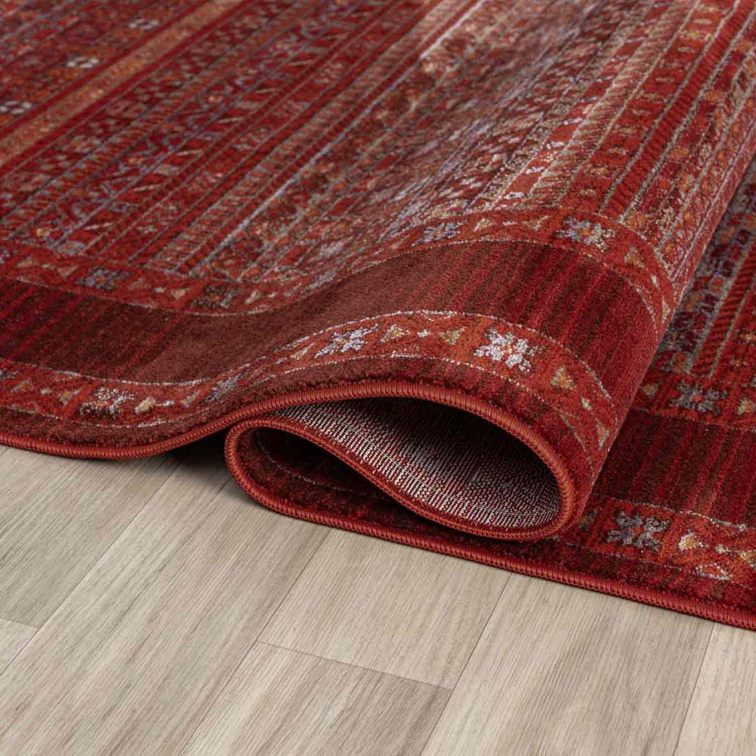 Bordo Kırmızı Etnik Şerit Desenli Modern Halı-Pera Halı