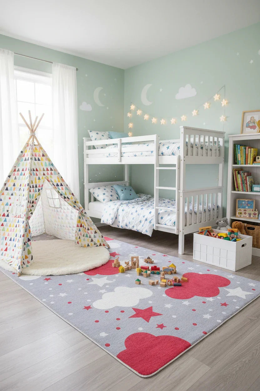 Bulut Yıldız Gri Kırmızı Çocuk Halısı-Pera Halı