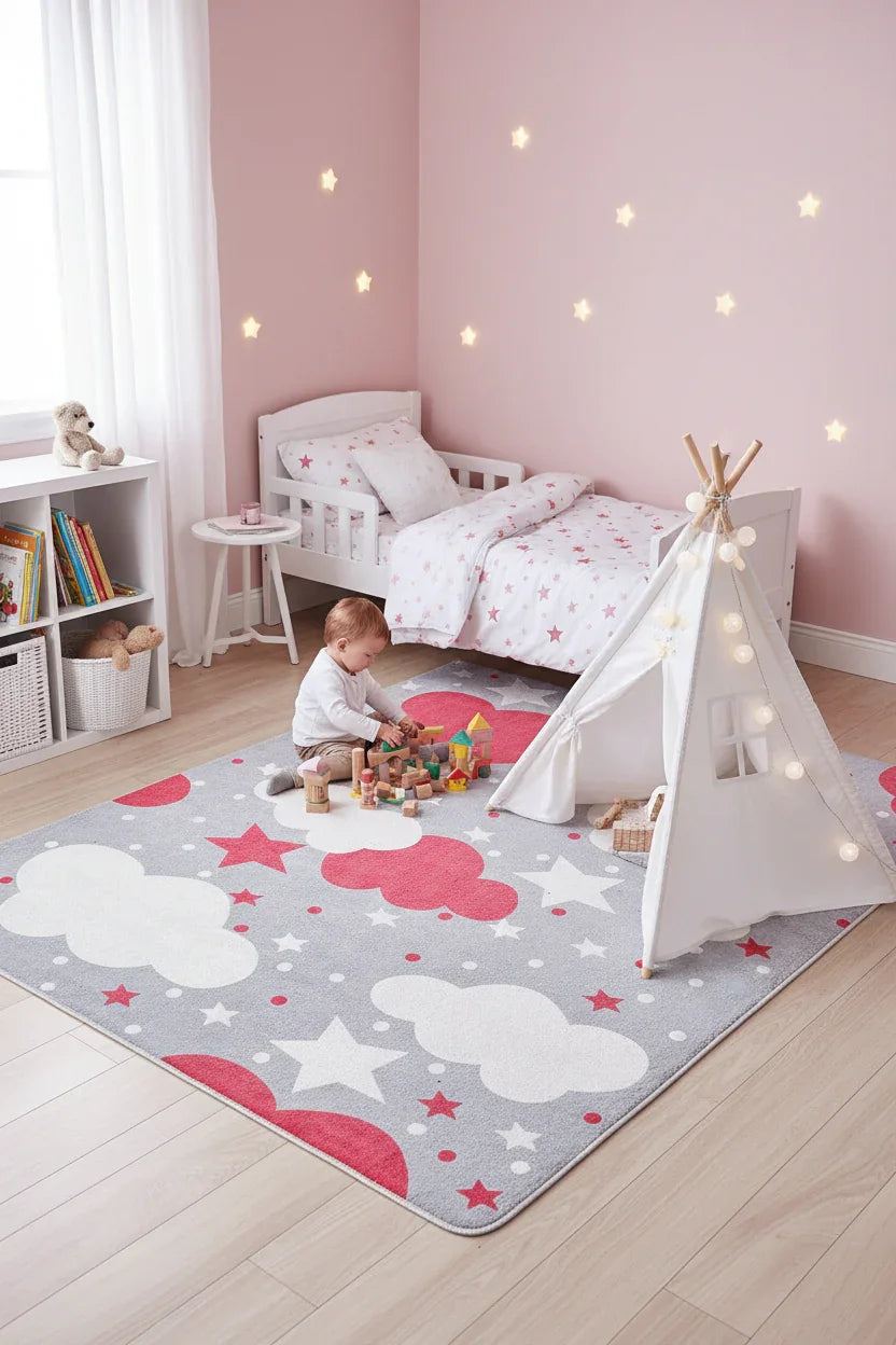 Bulut Yıldız Gri Kırmızı Çocuk Halısı-Pera Halı