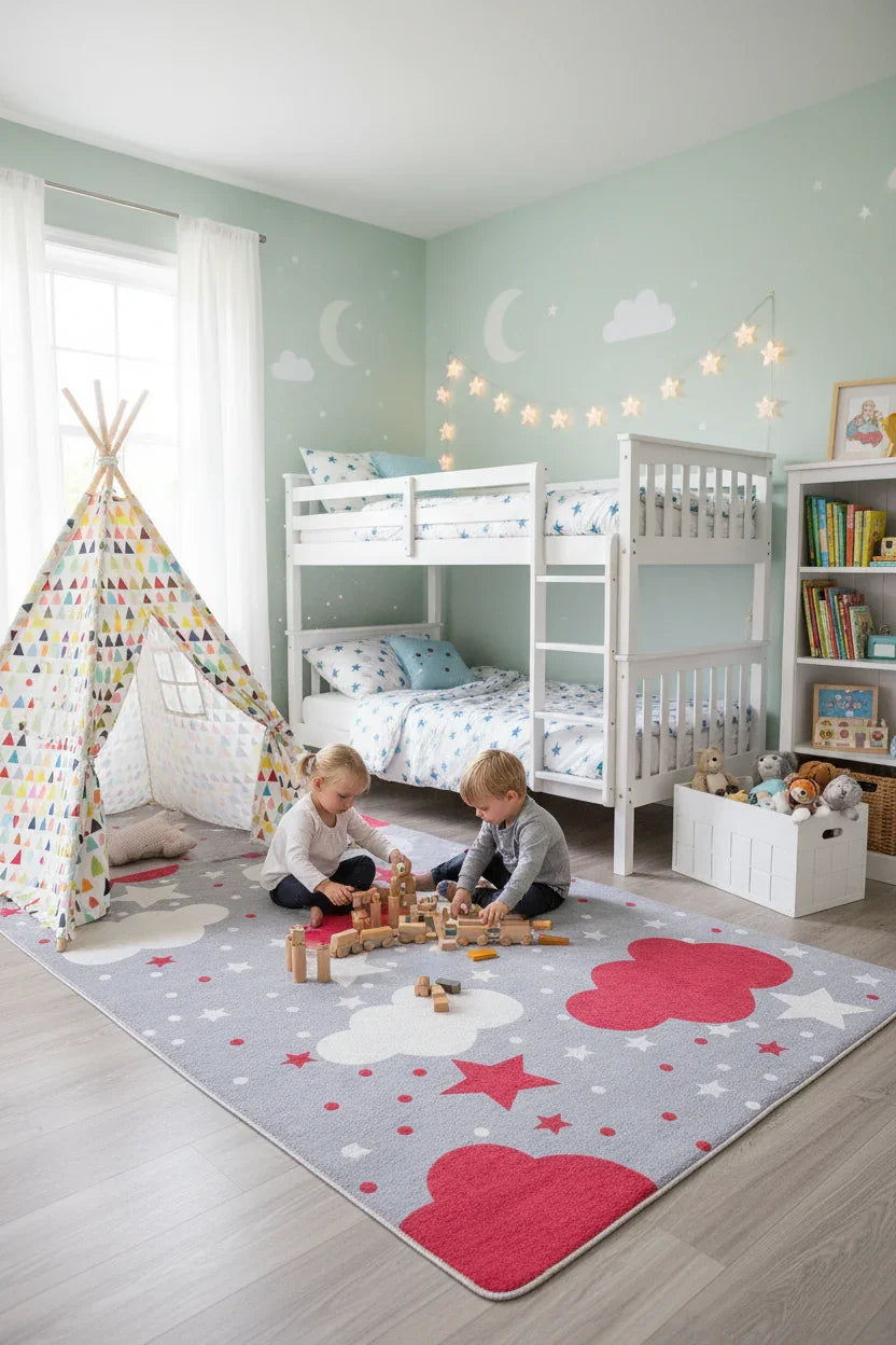 Bulut Yıldız Gri Kırmızı Çocuk Halısı-Pera Halı