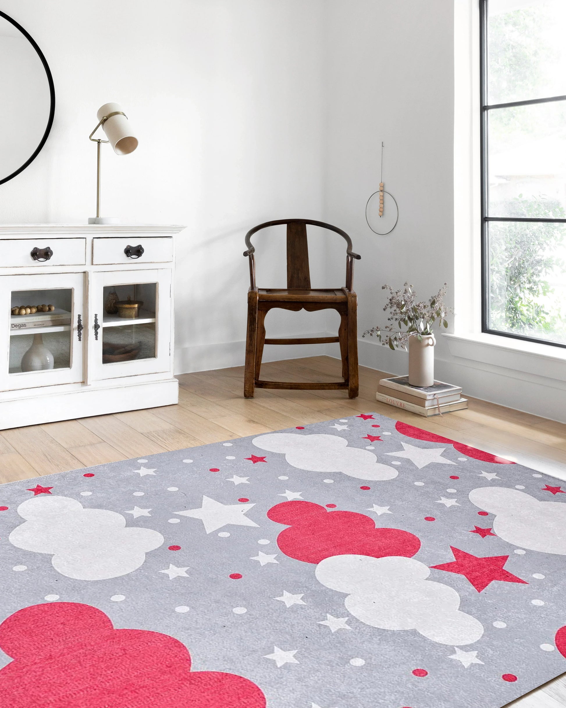 Bulut Yıldız Gri Kırmızı Çocuk Halısı-Pera Halı