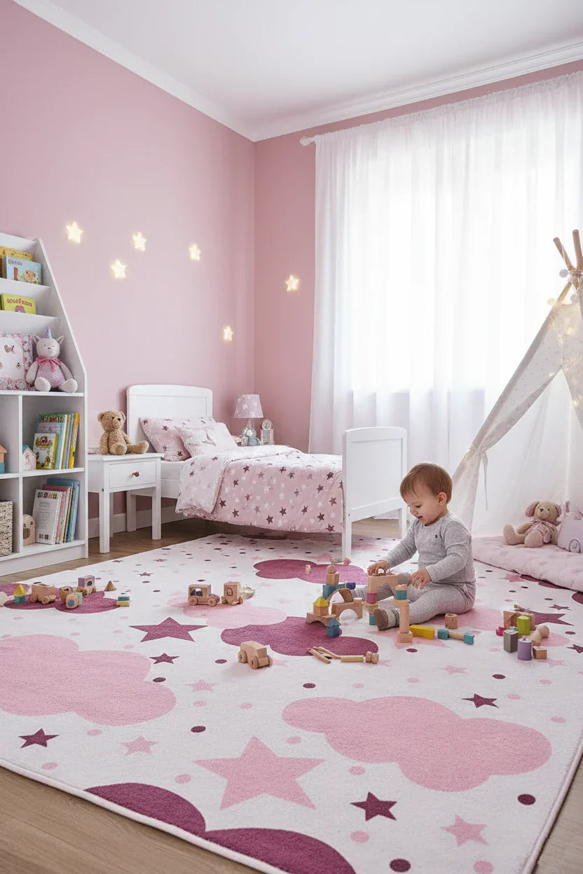 Bulut Yıldız Pembe Krem Çocuk Halısı-Pera Halı