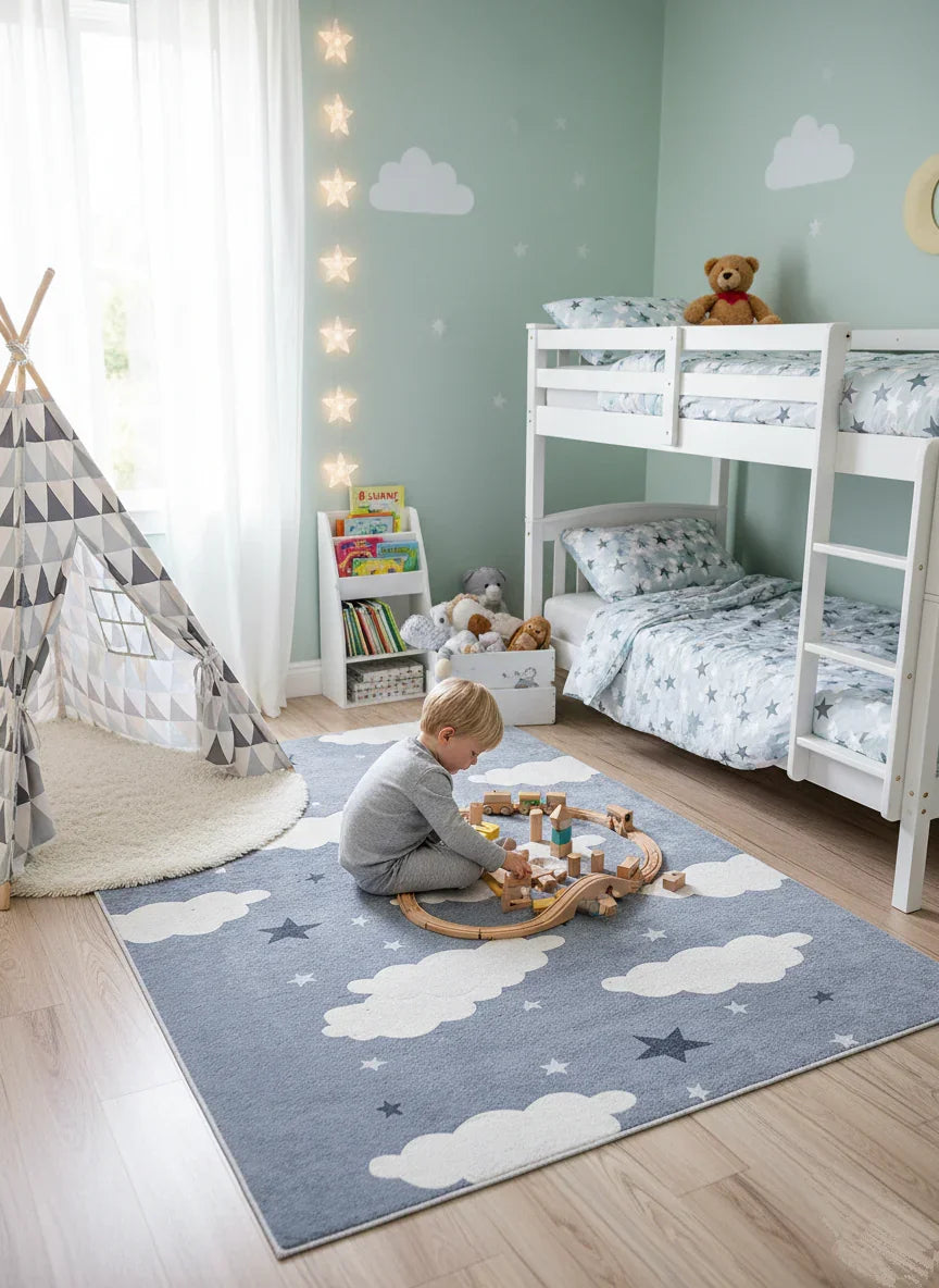 Bulut ve Yıldız Desenli Gri Çocuk Halısı-Pera Halı