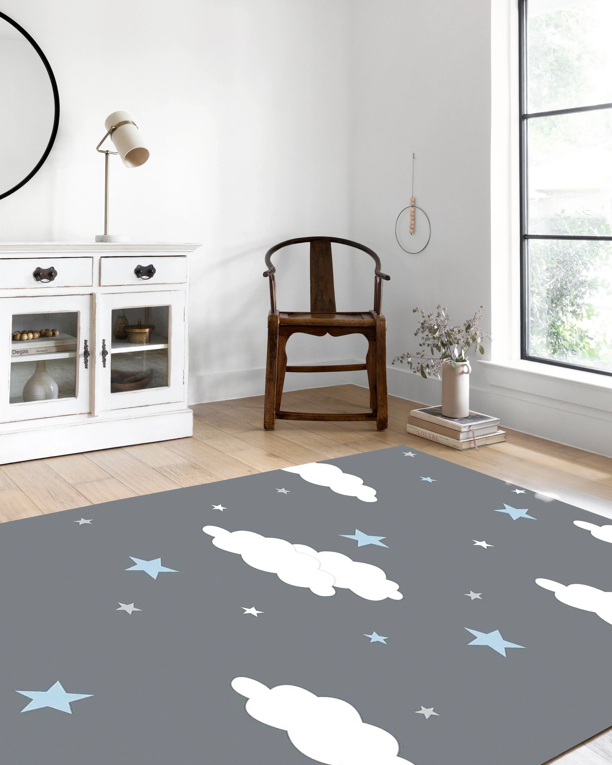 Bulut ve Yıldız Desenli Gri Çocuk Halısı-Pera Halı