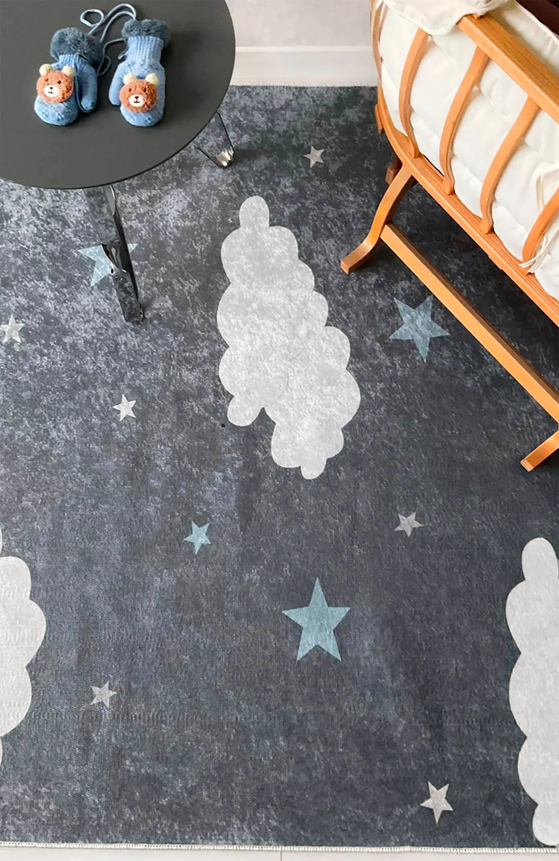 Bulut ve Yıldız Desenli Gri Yıkanabilir Çocuk Halısı-Pera Halı
