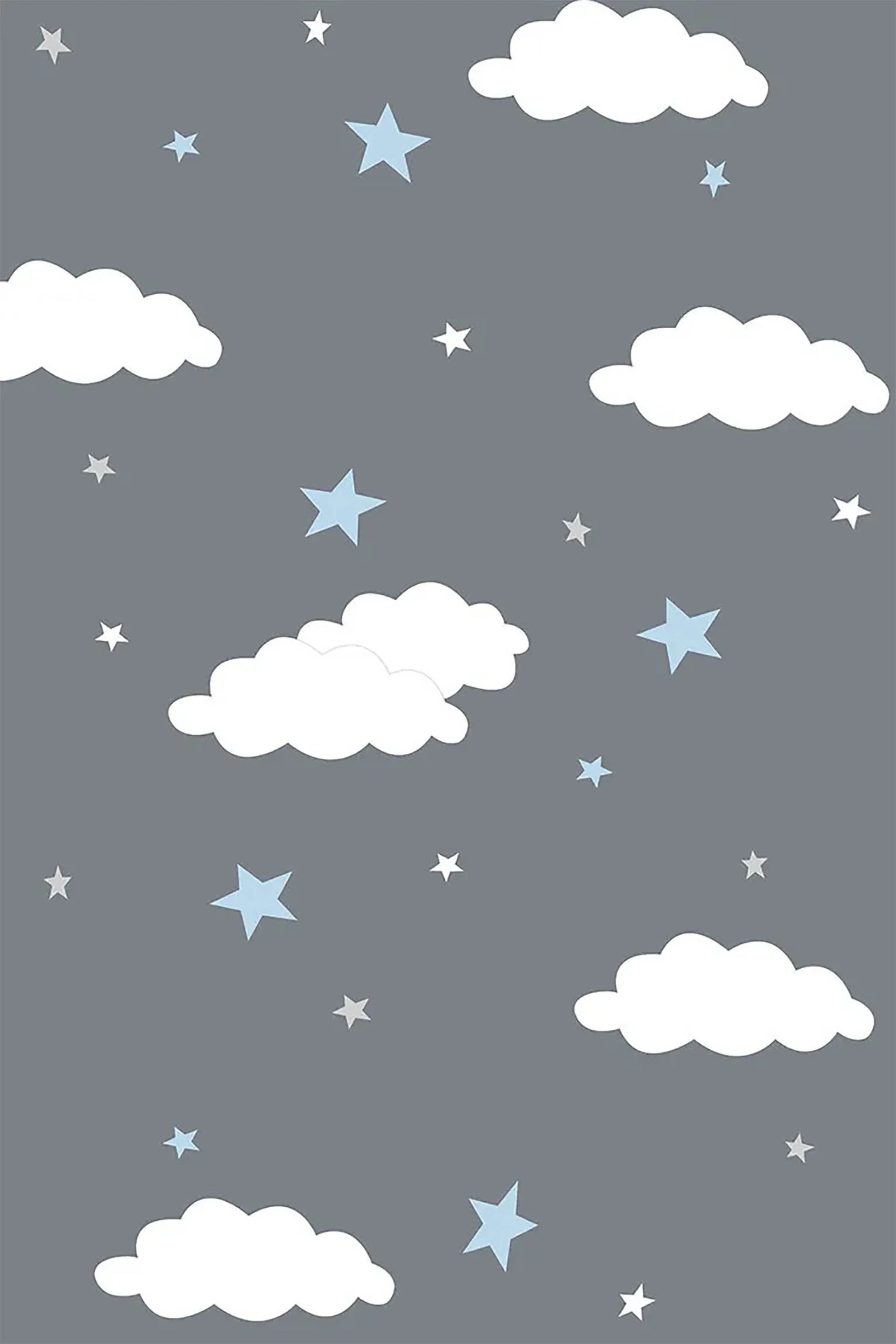 Bulut ve Yıldız Desenli Gri Yıkanabilir Çocuk Halısı-Pera Halı