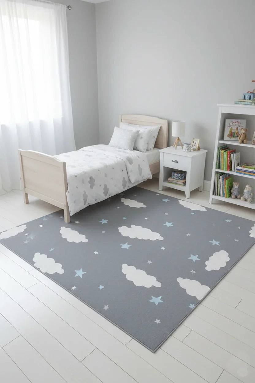 Bulut ve Yıldız Desenli Gri Yıkanabilir Çocuk Halısı-Pera Halı