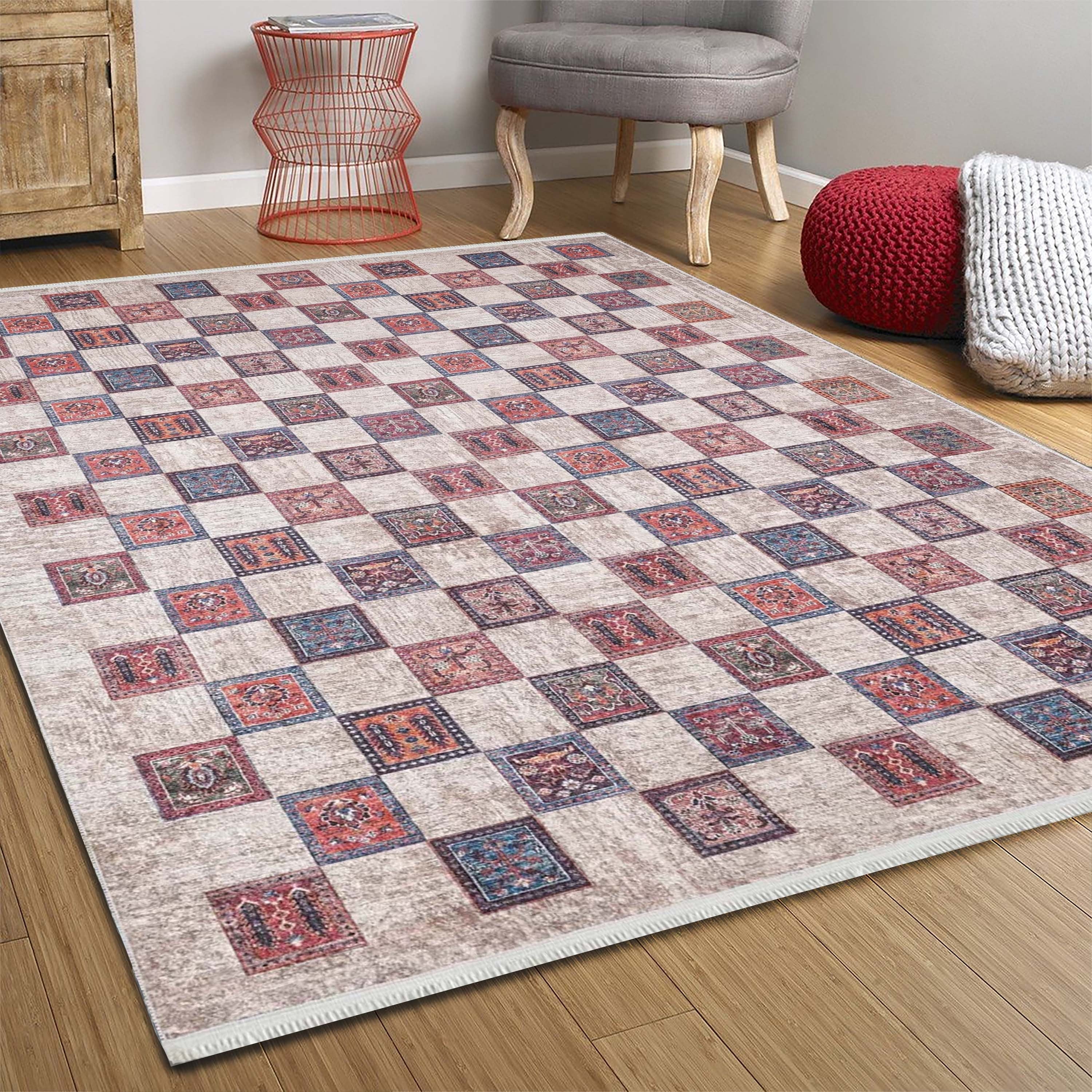 Bej Pembe Gri Geometrik Desenli Halı - Pera Halı