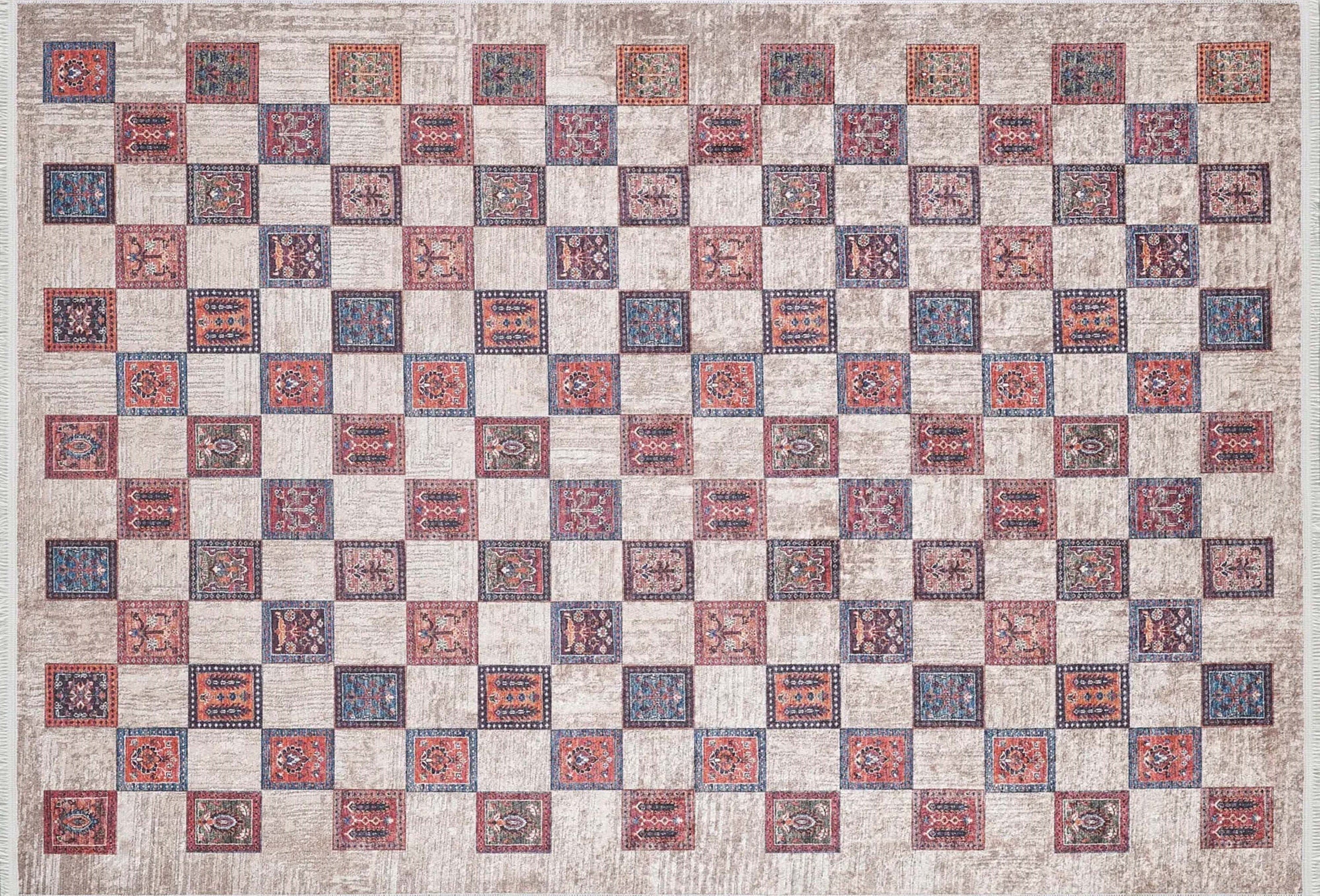 Bej Pembe Gri Geometrik Desenli Halı - Pera Halı