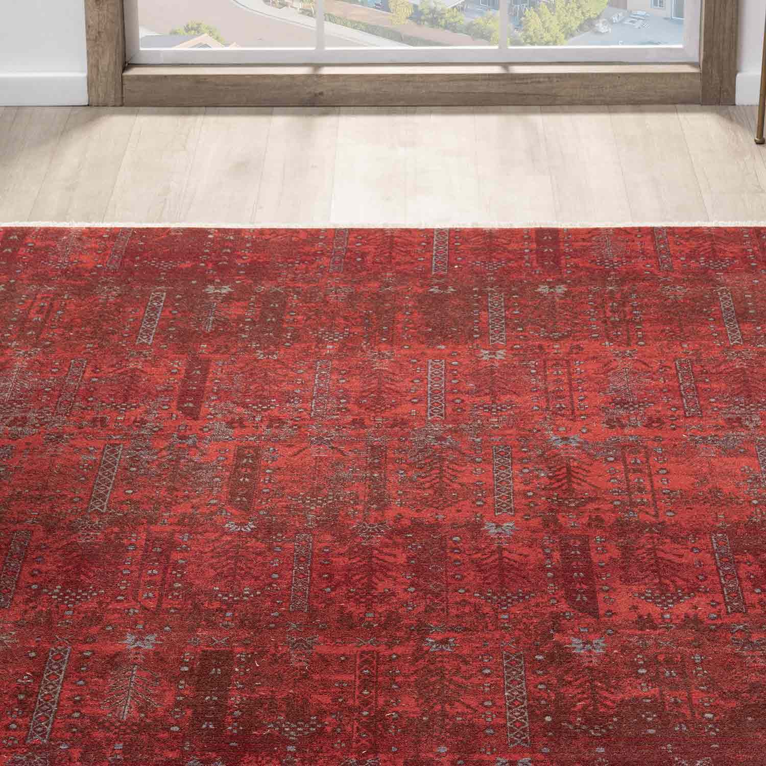 Canlı Bordo Kırmızı Otantik Ağaç Motifli Vintage Halı-Pera Halı