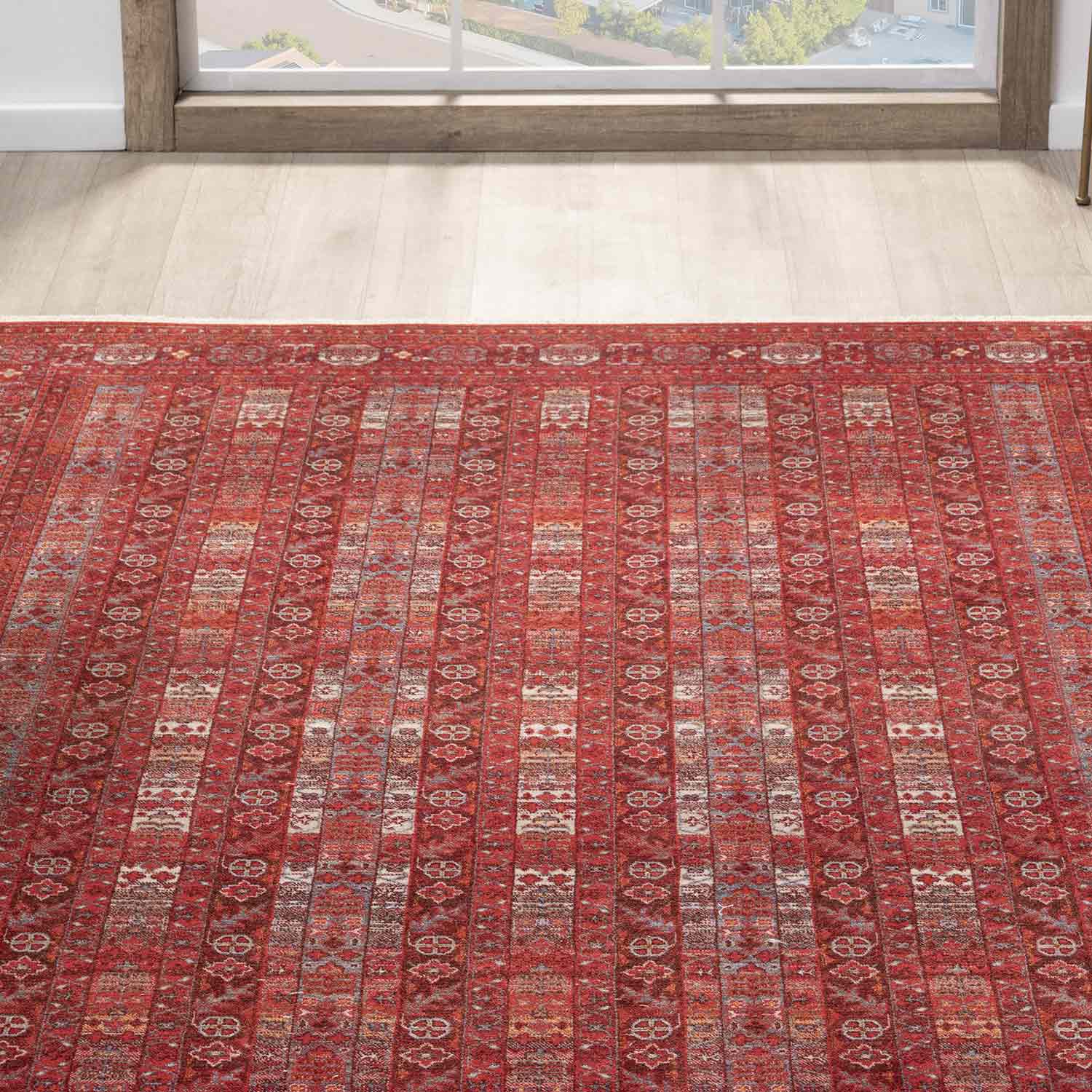 Canlı Bordo Kırmızı Otantik Geometrik Vintage Halı-Pera Halı