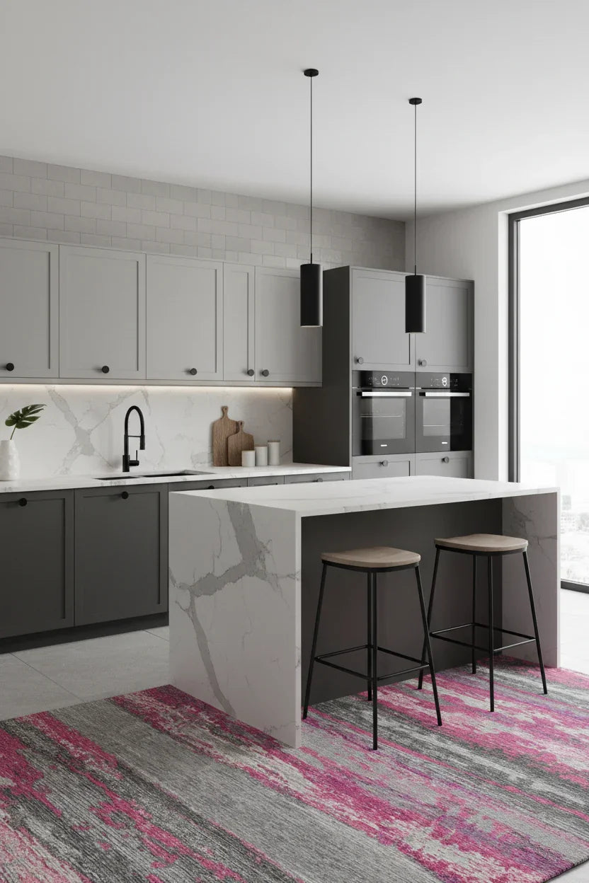 Canlı Fuşya ve Gri Modern Soyut Sanat Halısı-Pera Halı