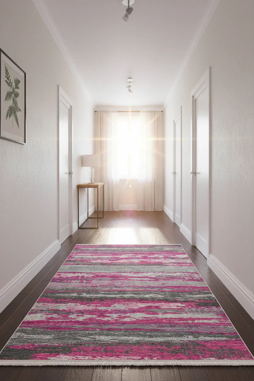 Canlı Fuşya ve Gri Modern Soyut Sanat Halısı-Pera Halı