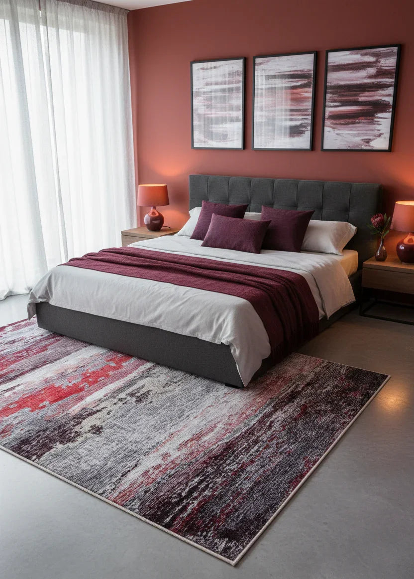 Canlı Kırmızı ve Gri Modern Soyut Sanat Halısı-Pera Halı