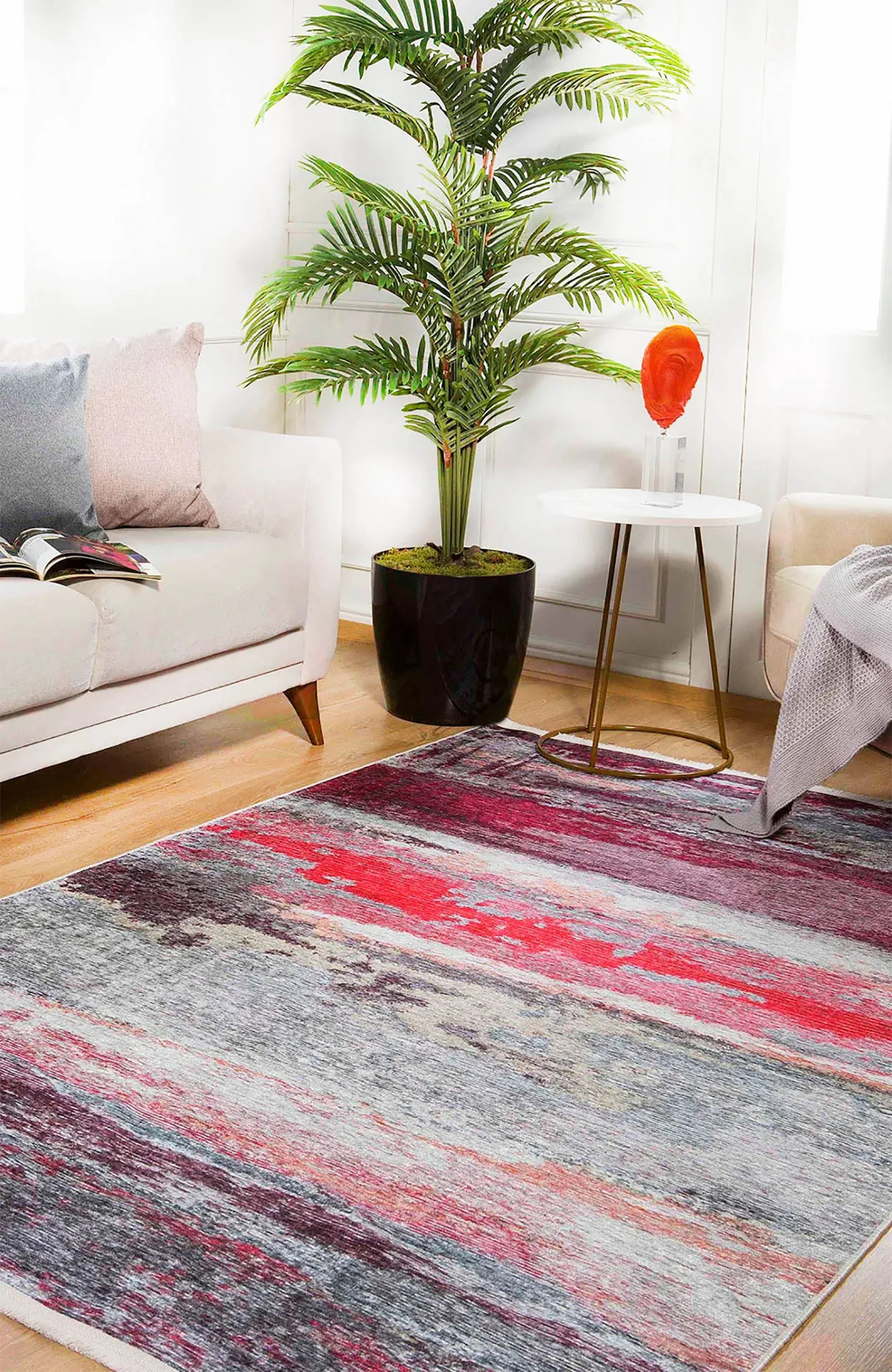 Canlı Kırmızı ve Gri Modern Soyut Sanat Halısı-Pera Halı