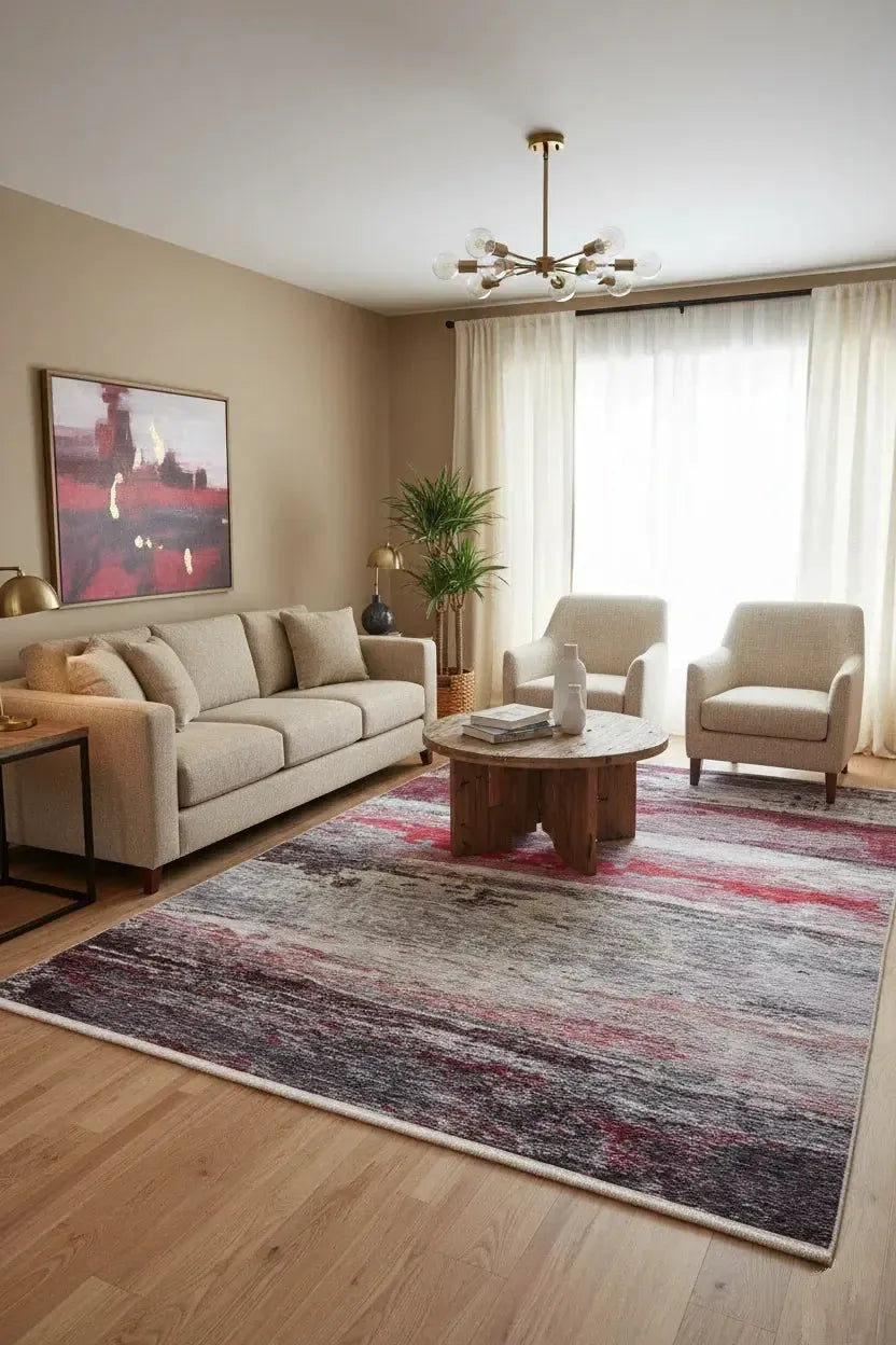 Canlı Kırmızı ve Gri Modern Soyut Sanat Halısı-Pera Halı