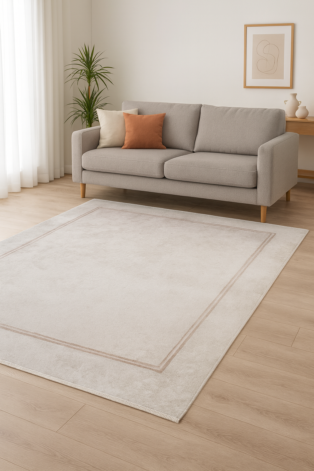 Açık Gri İnce Bordürlü Modern Yıkanabilir Halı