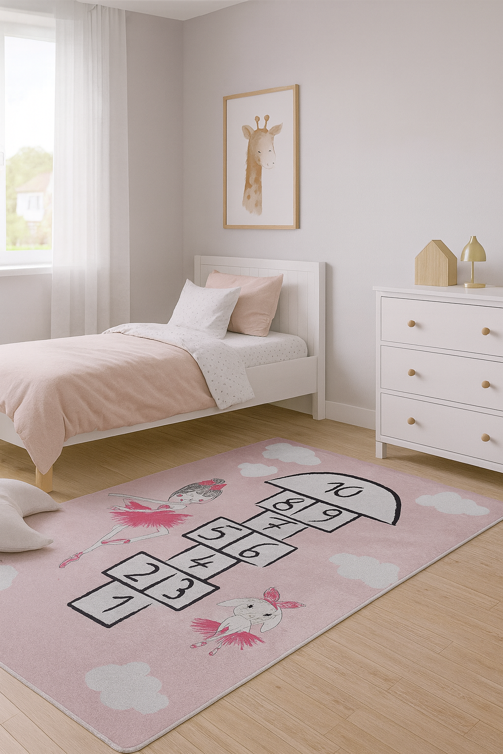 Pembe Seksek ve Balerin Desenli Çocuk Halısı – Yıkanabilir