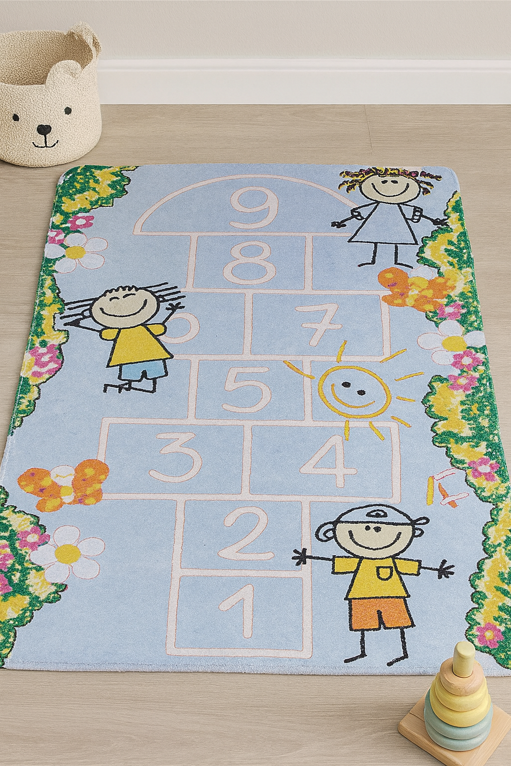 Mavi Seksek Desenli Çocuk Halısı – Çizgi Karakterli, Yıkanabilir