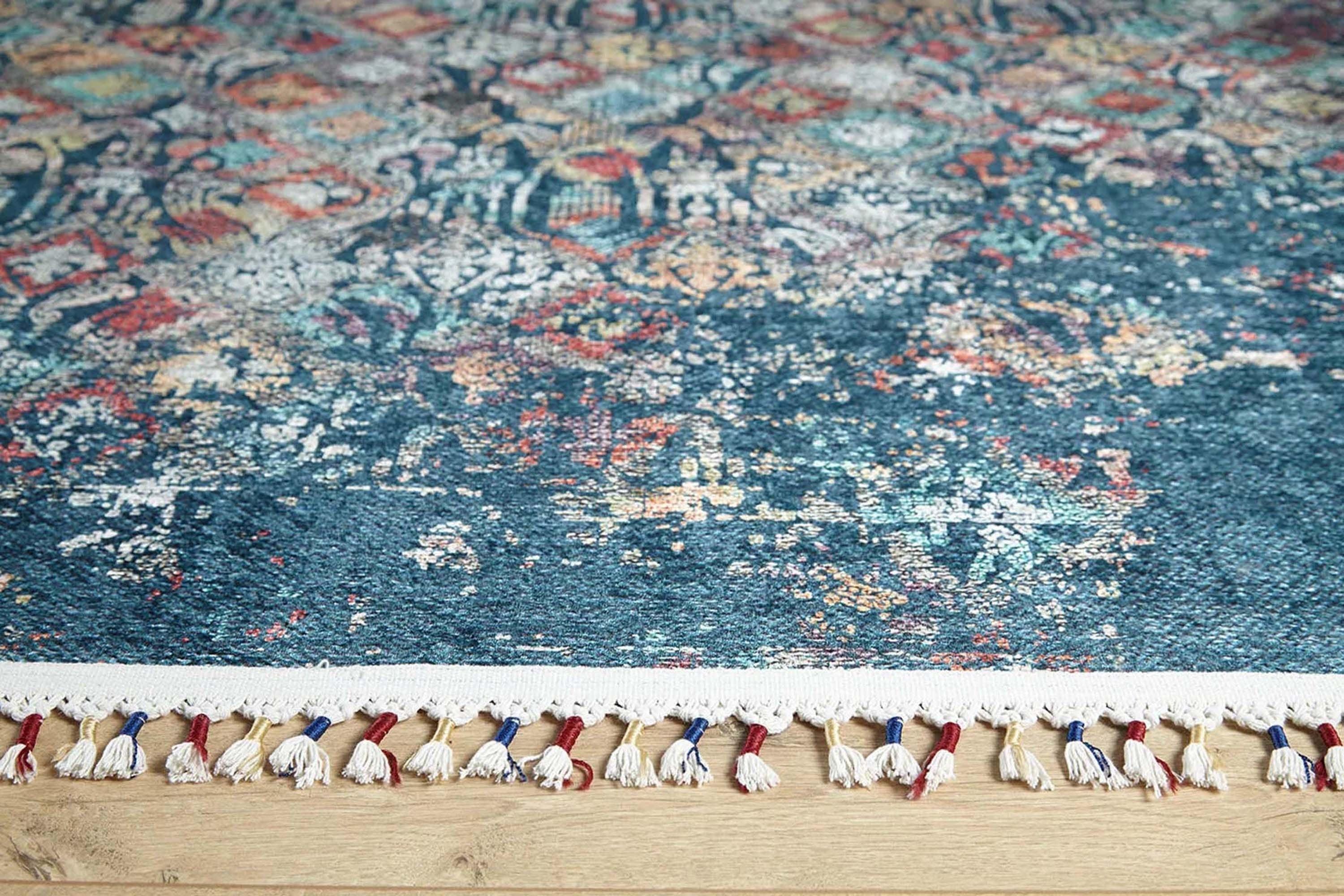 Çiçek Desenli Turkuaz Mavi Vintage Halı-Pera Halı