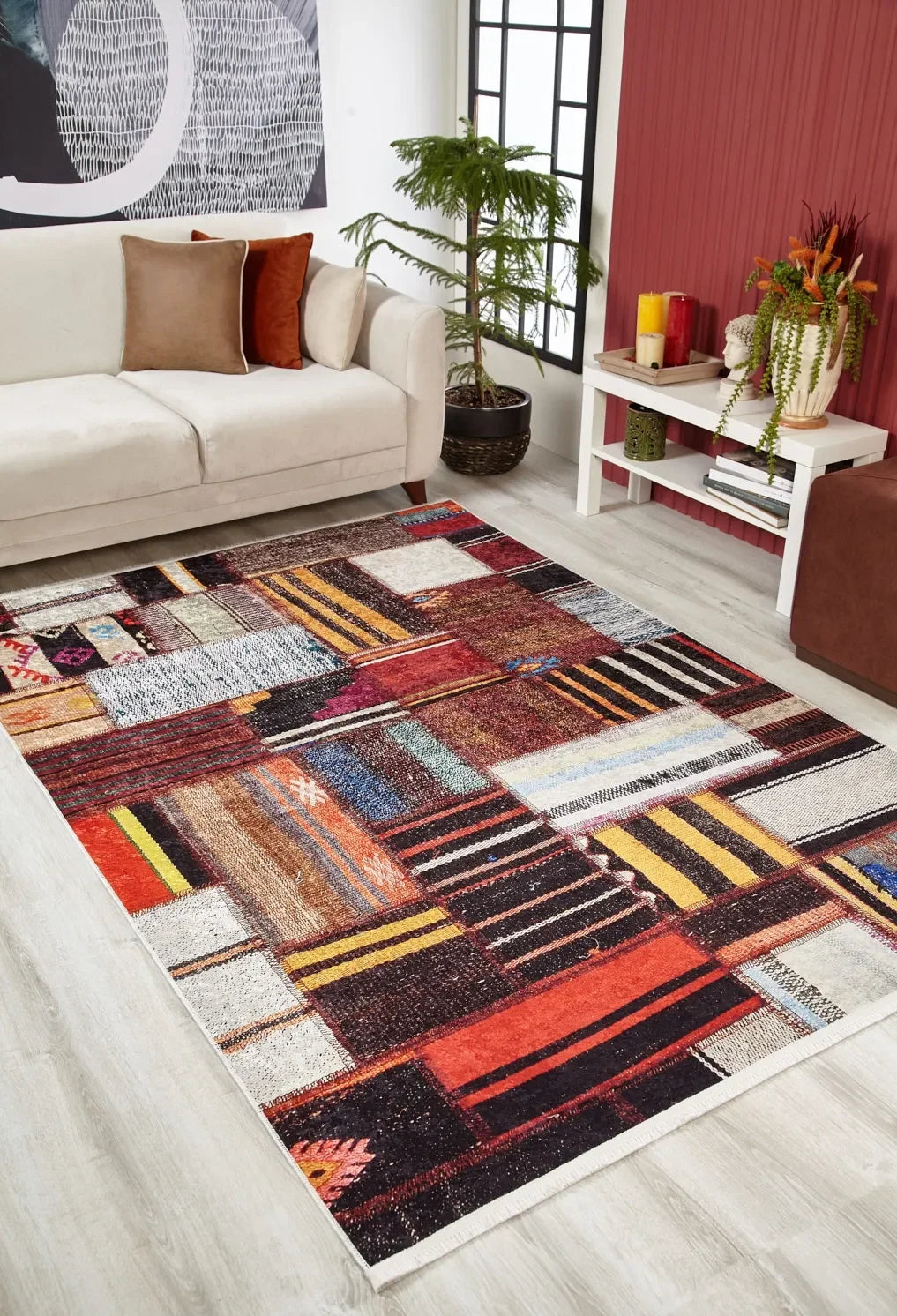 Çok Renkli Canlı Etnik Kilim Patchwork Halı-Pera Halı
