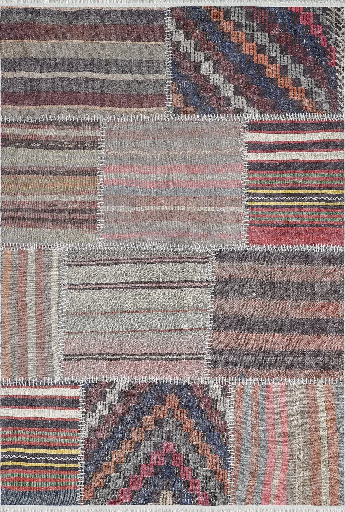 Çok Renkli Gri Bordo Etnik Çizgili Patchwork Halı-Pera Halı