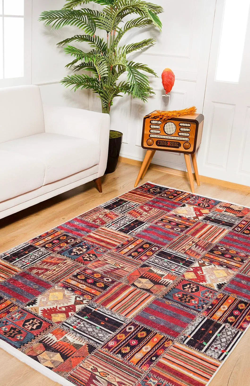 Çok Renkli Kırmızı Kahve Kilim Patchwork Halı-Pera Halı