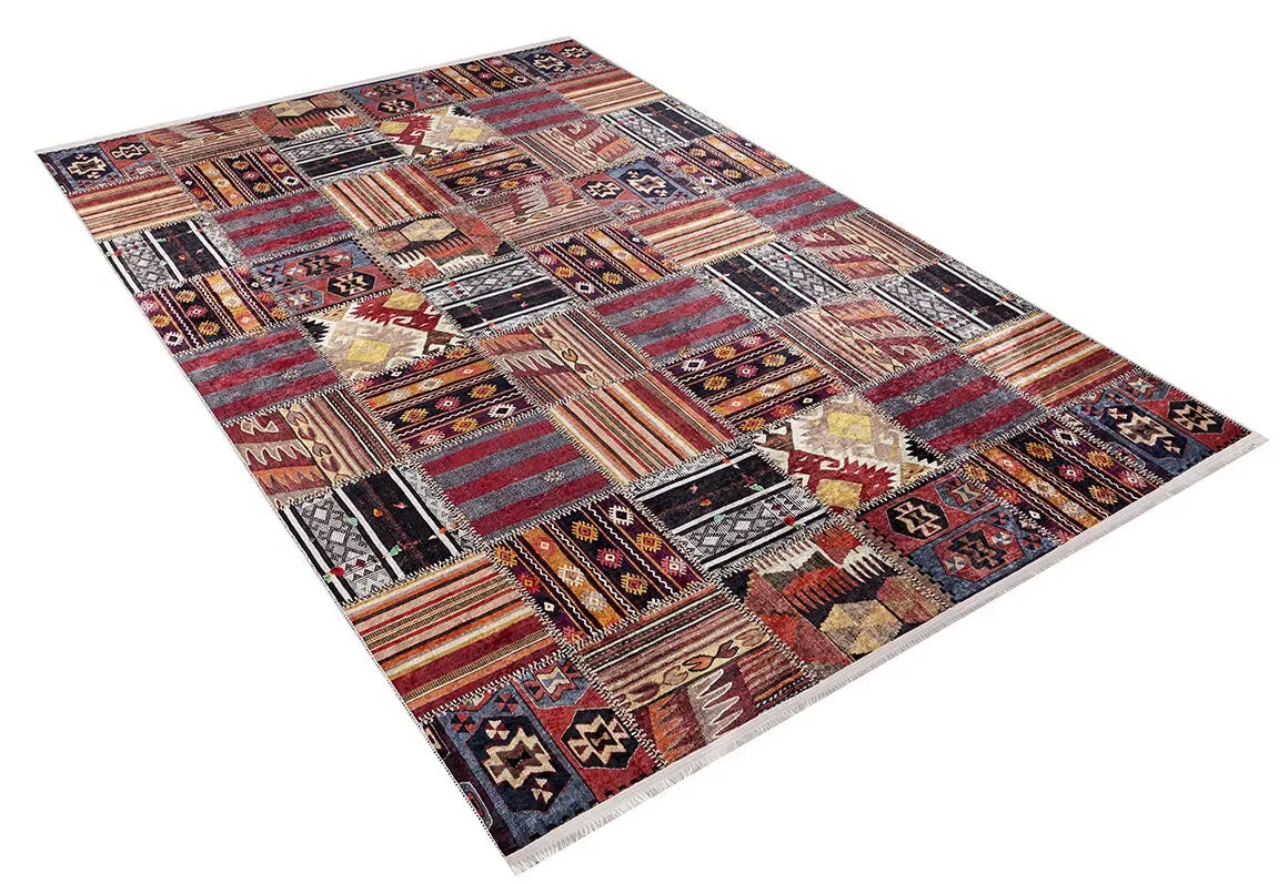 Çok Renkli Kırmızı Kahve Kilim Patchwork Halı-Pera Halı