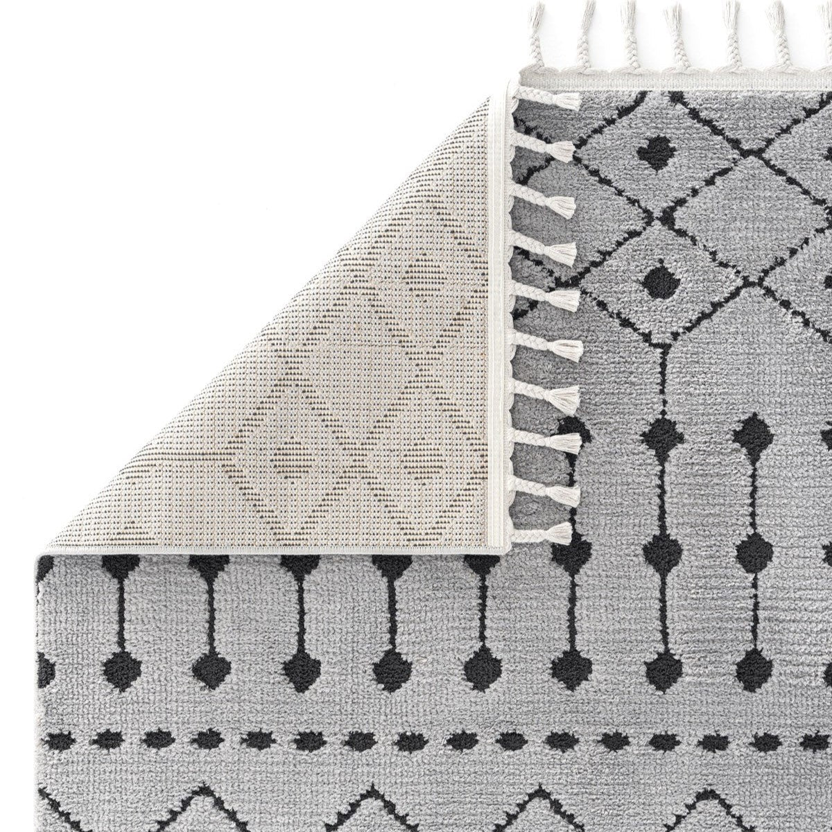 Açık Gri Siyah Etnik Geometrik Saçaklı Halı