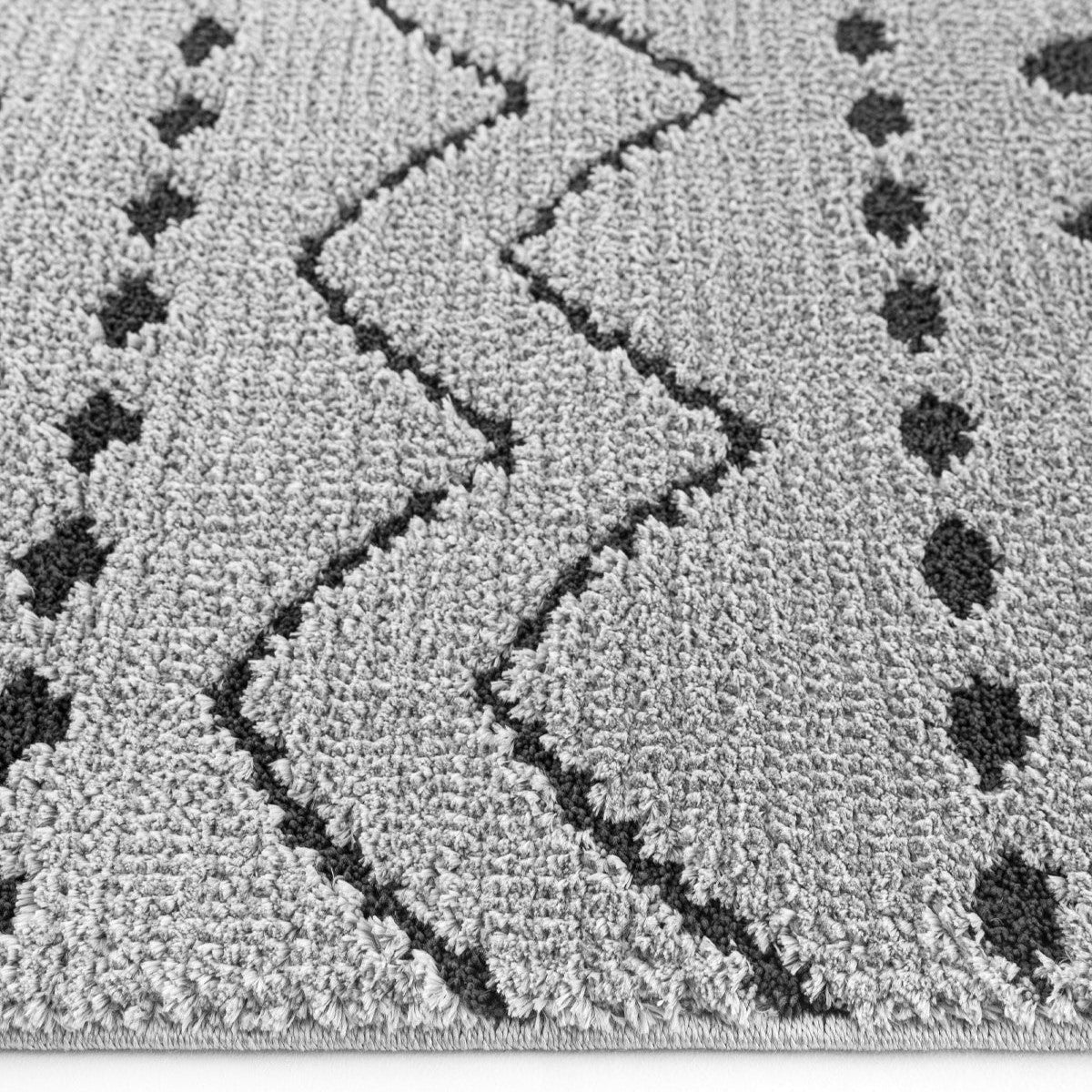 Açık Gri Siyah Etnik Geometrik Saçaklı Halı