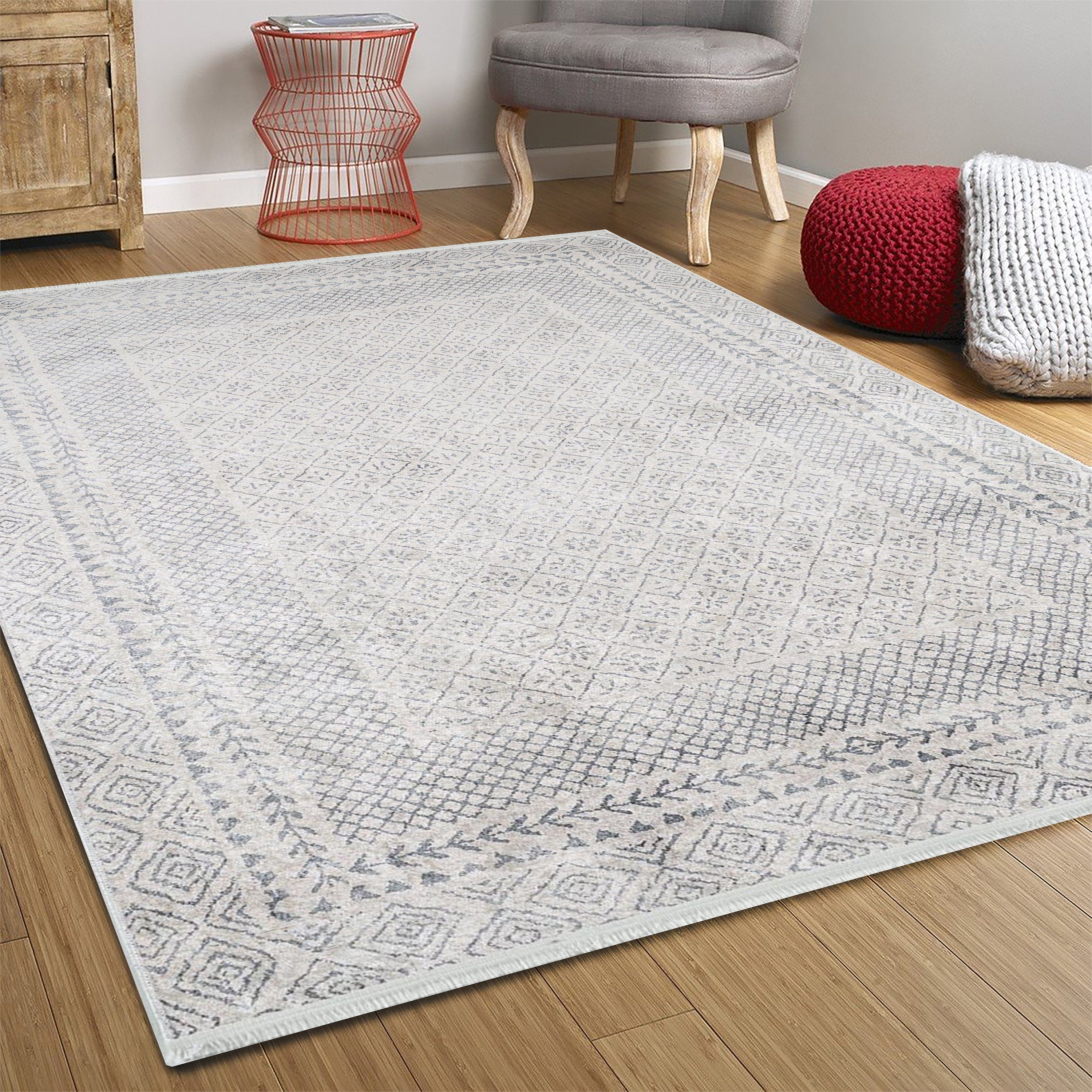 Eskitme Beyaz Gri Geometrik Desenli Halı - Pera Halı