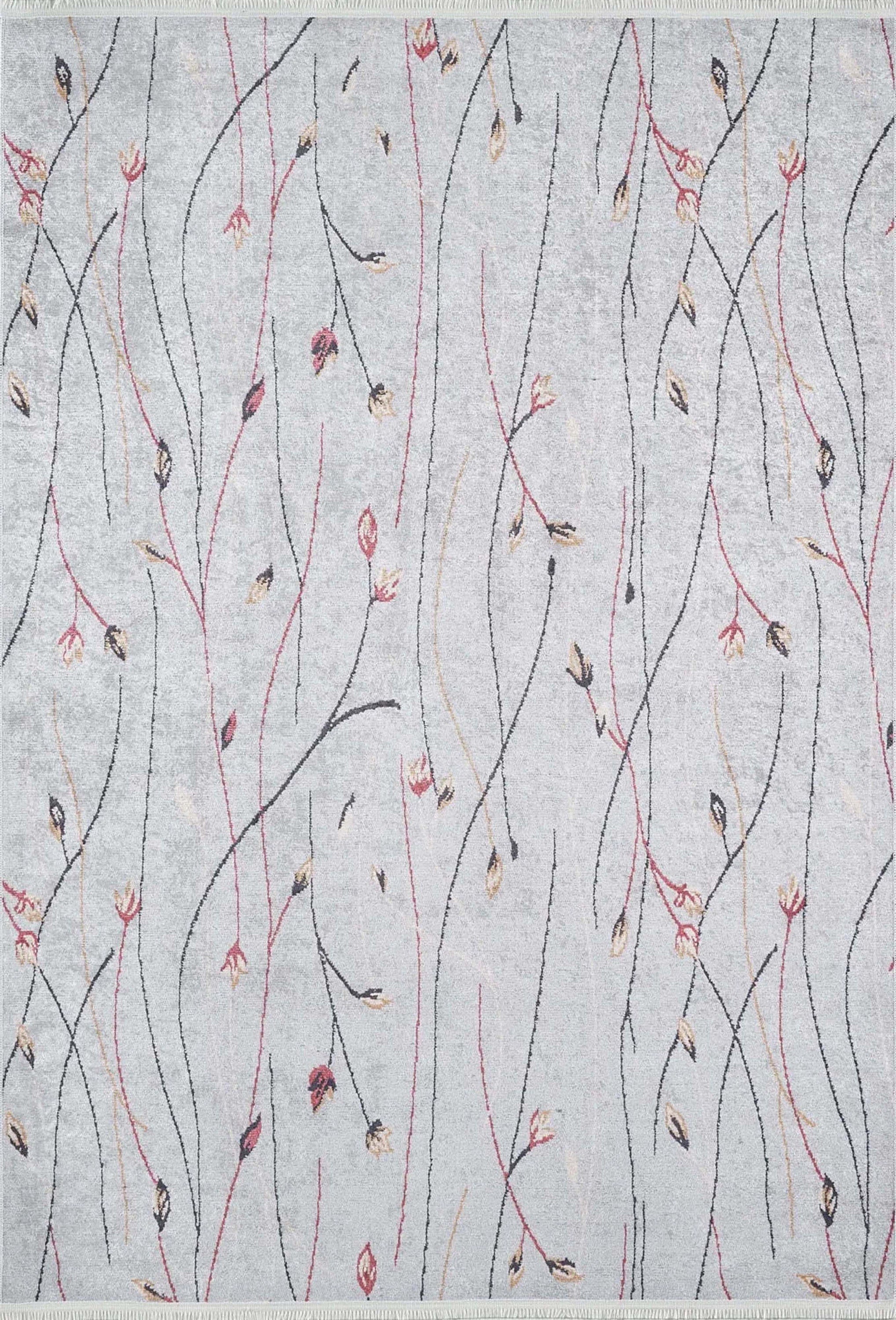 Gri Minimalist Çiçek Desenli Halı - Pera Halı
