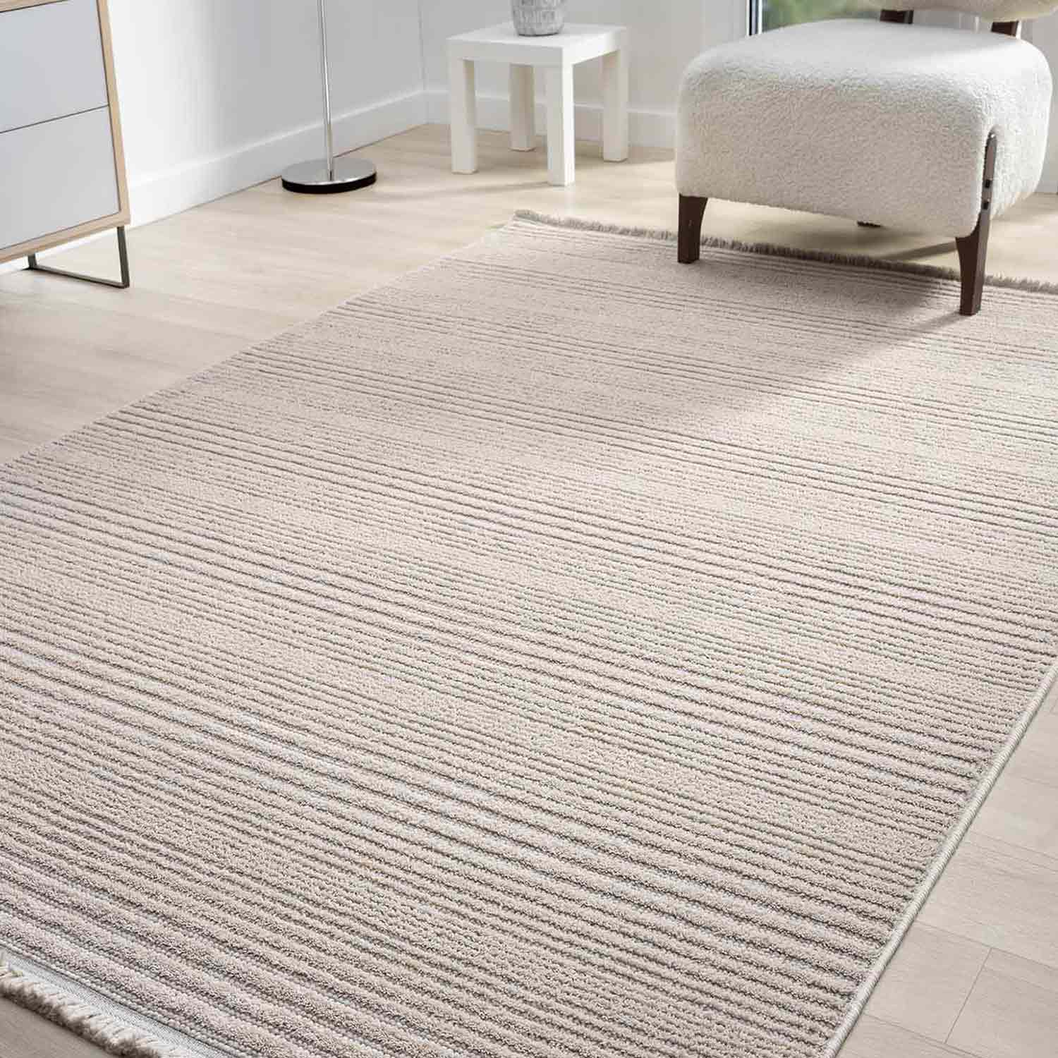 Düz Bej Yatay Çizgili Modern Halı-Pera Halı