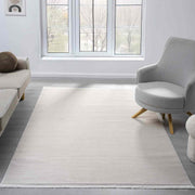 Düz Krem Bej Sade Dikey Çizgili Modern Yıkanabilir Halı-Pera Halı