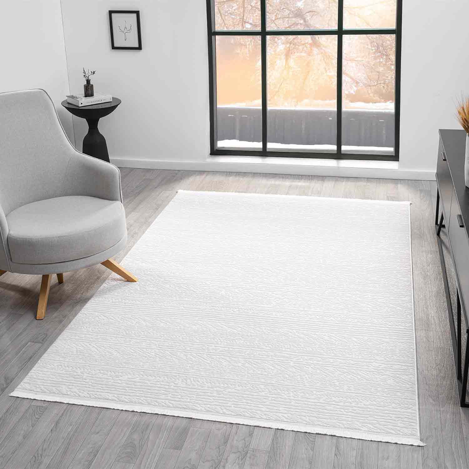 Düz Krem Beyaz Şeritli Modern Halı-Pera Halı