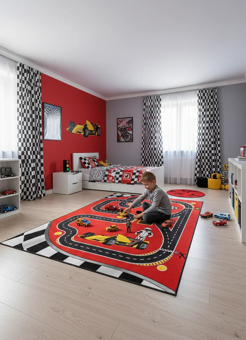 Eğlenceli Yarış Pisti Desenli F1 Çocuk Halısı-Pera Halı