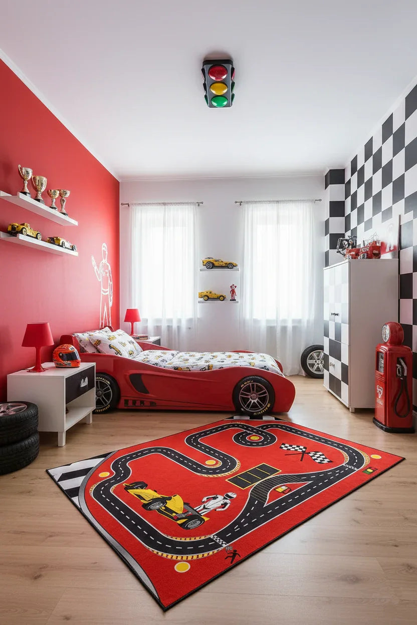 Eğlenceli Yarış Pisti Desenli F1 Çocuk Halısı-Pera Halı