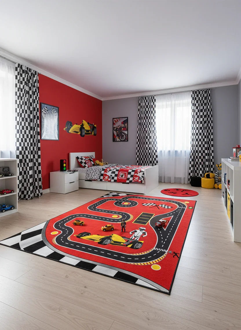 Eğlenceli Yarış Pisti Desenli F1 Çocuk Halısı-Pera Halı