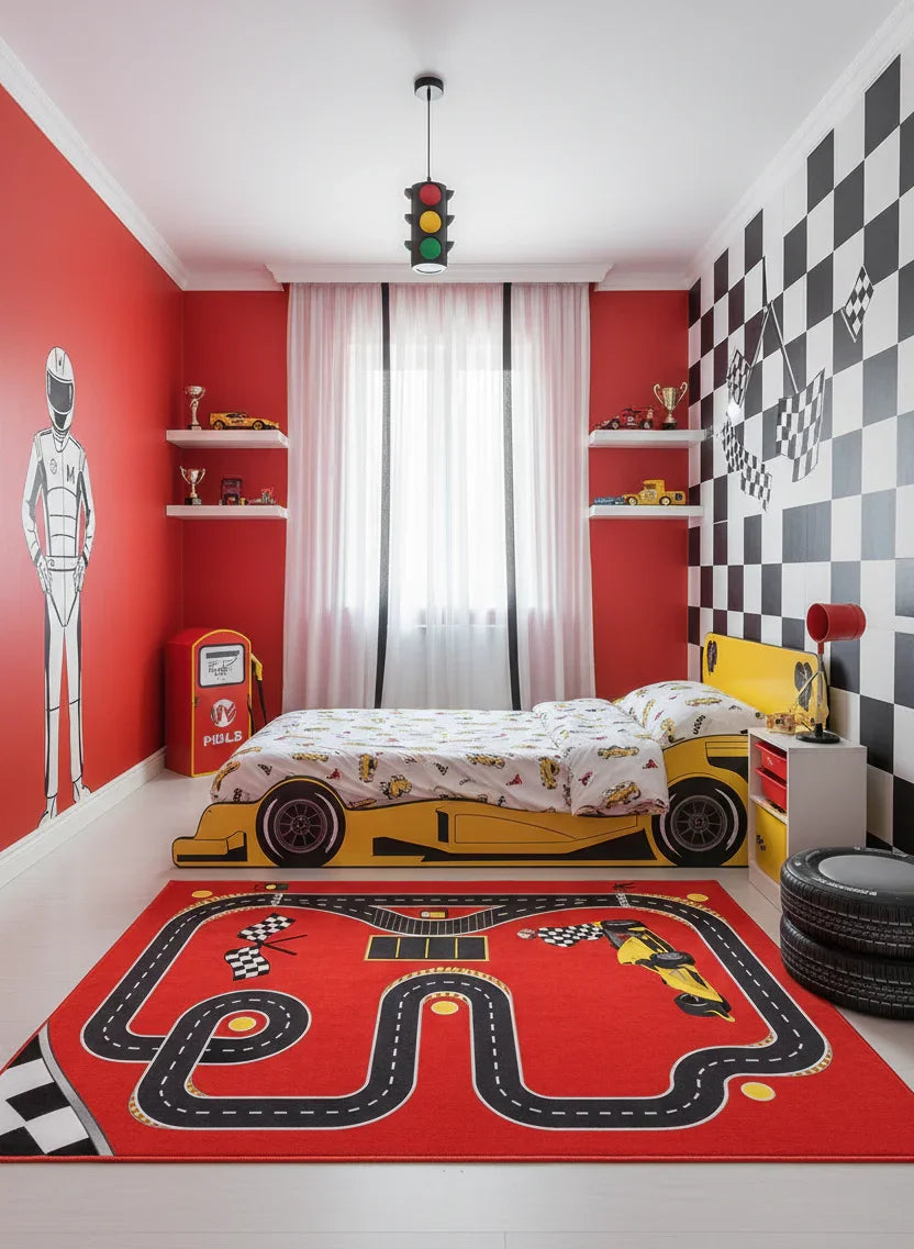 Eğlenceli Yarış Pisti Desenli F1 Çocuk Halısı-Pera Halı